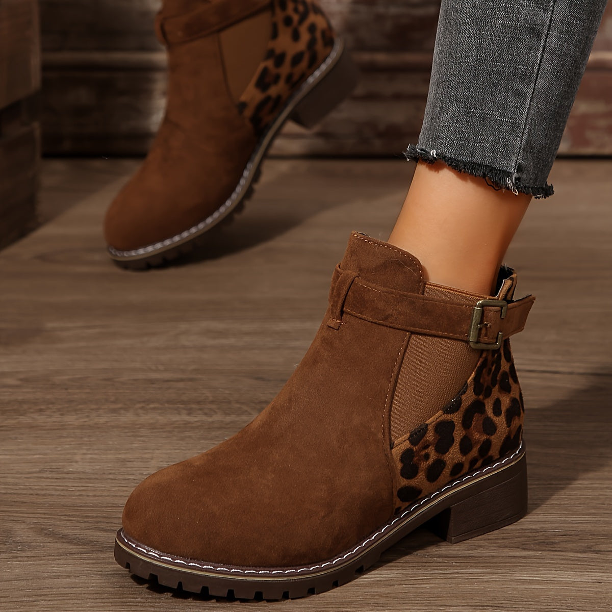 Women's Leopard Print Ankle Boots with Buckle Strap Casual Slip-On All-Season