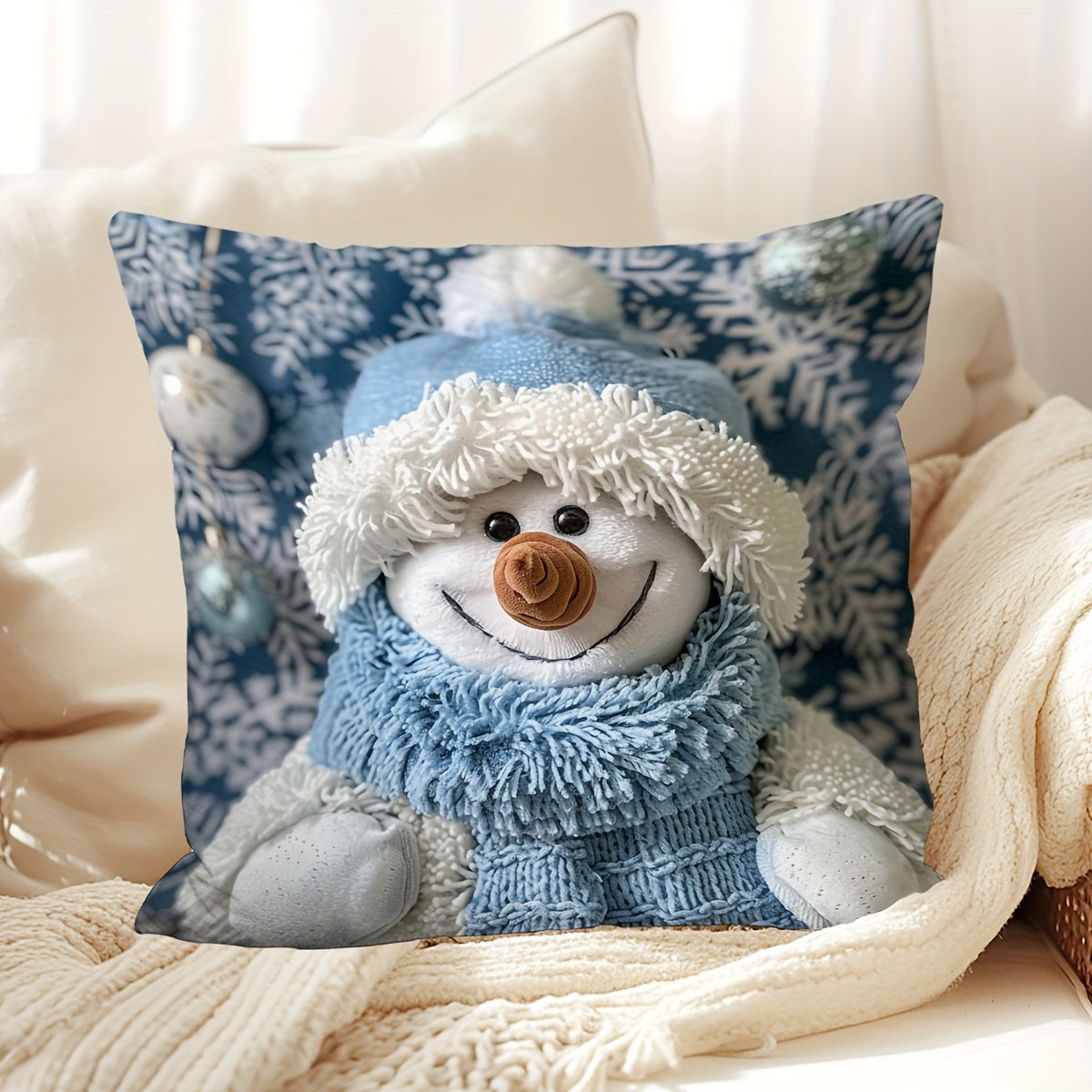 Christmas Snowman and Tree Print Pillow Cover 44.96cm Festive Home Decor for Sofa and Bedroom