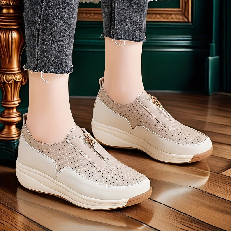 Women's Beige Perforated Casual Sneakers with Zipper, Thick Sole and Anti-Slip