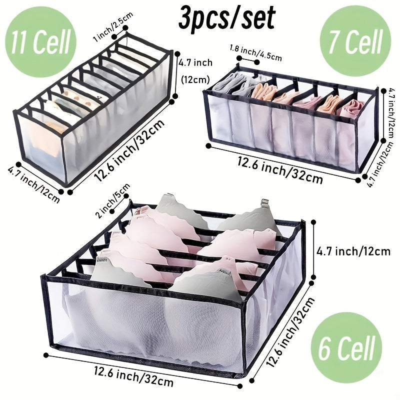 Juego de tres organizadores de cajones plegables de poliéster con 6/7/11 compartimentos para calcetines, sujetadores, corbatas y ropa interior