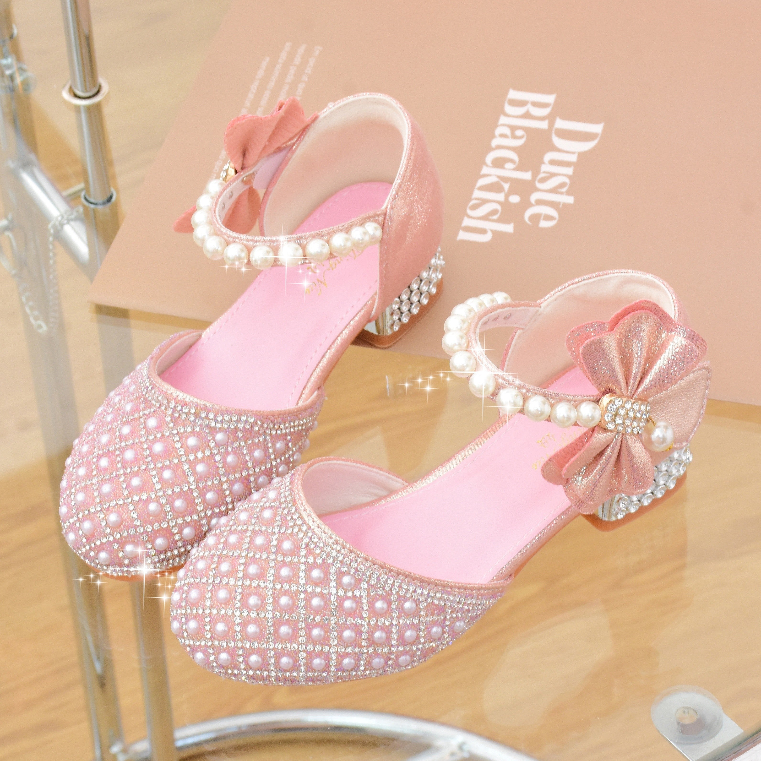 Girls Glitter Rhinestone Princess Shoes with Pearl Bow Block Heel Non-Slip Sole for School Dance Wedding Party
