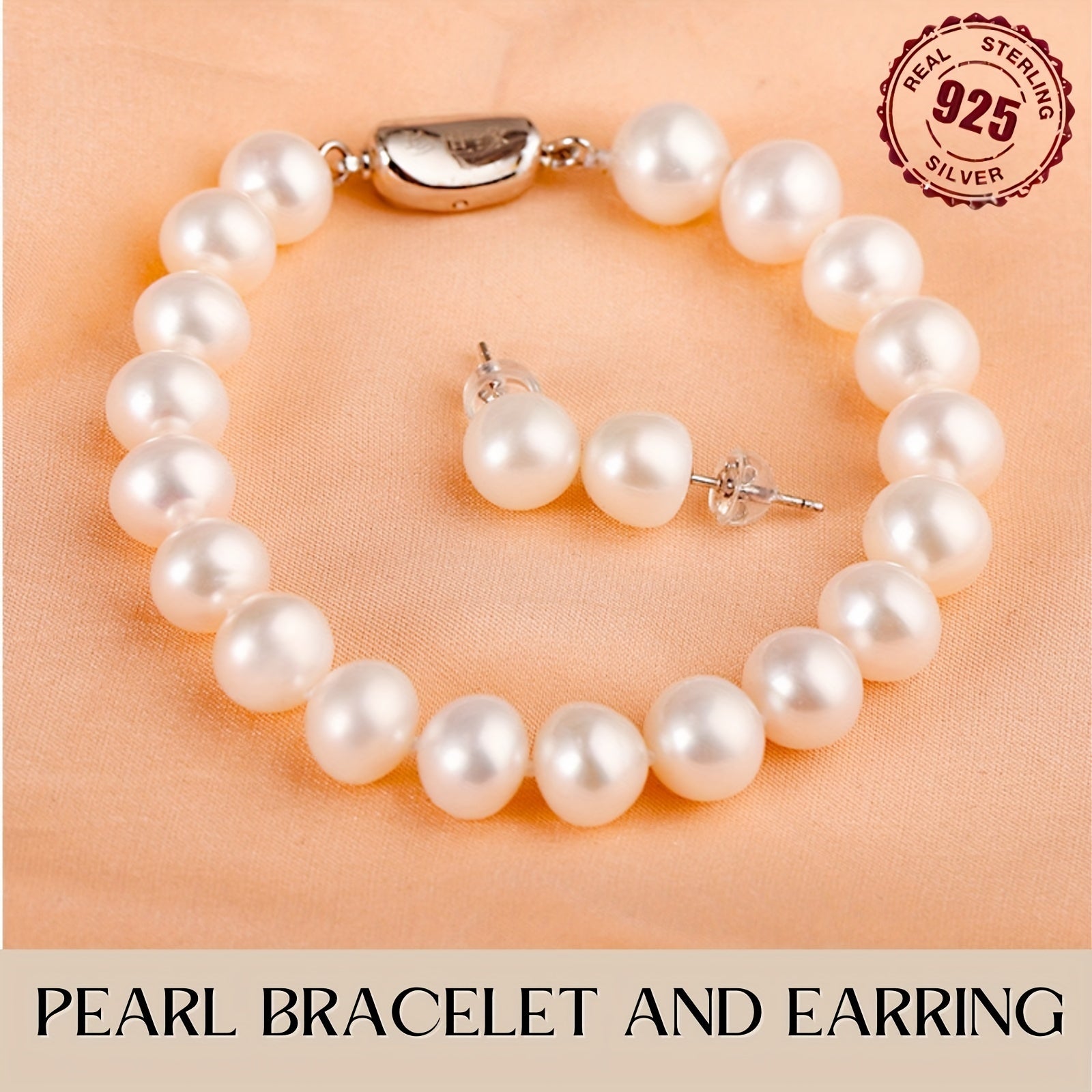 Set of 3 Sterling Silver Pearl Jewelry Necklace Bracelet Earrings for Weddings and Gifts