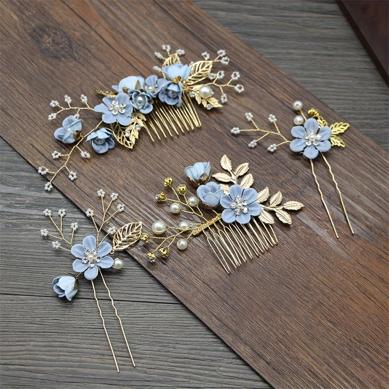 Set of 4 Blue Flower Hair Combs with U-Shaped Hairpins Bridal Hair Accessories