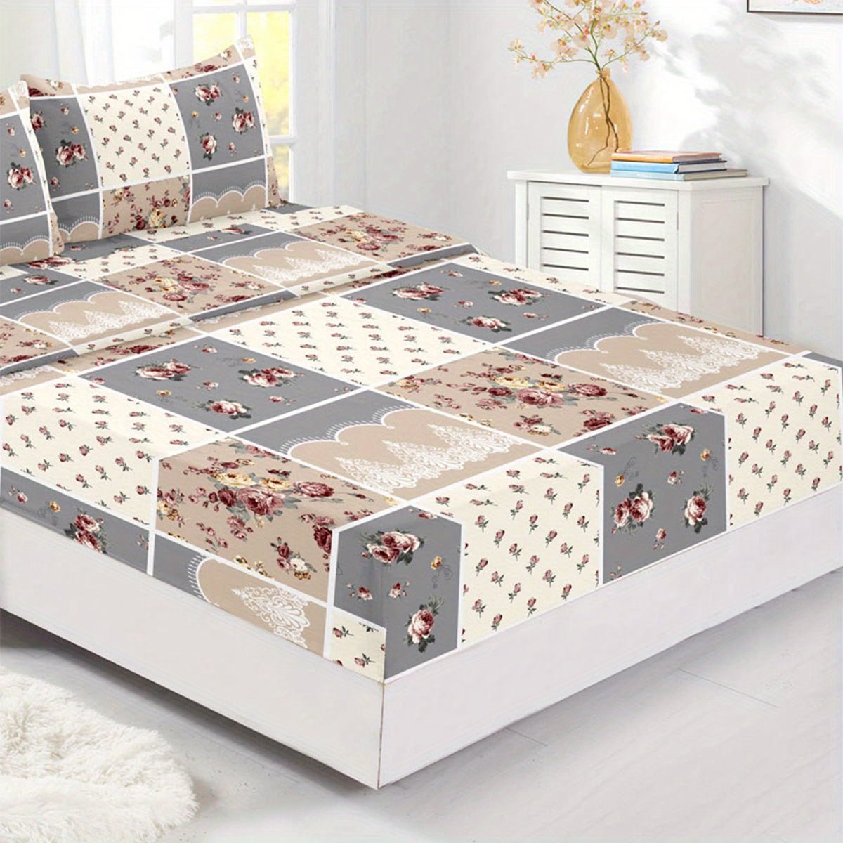 Set of 4 Flower Stitching Print Fitted Sheets Bedding Set Soft Breathable for Bedroom Guest Room Dorm