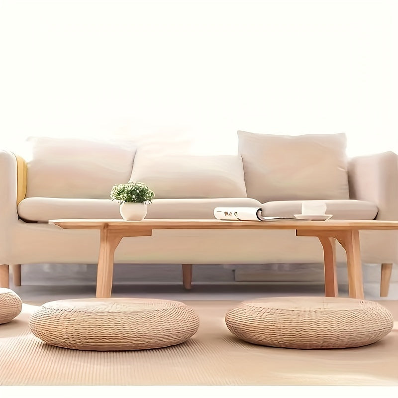 Thick Handwoven Round Tatami Mat Wooden Color 41.91cm Floor Cushion Living Room