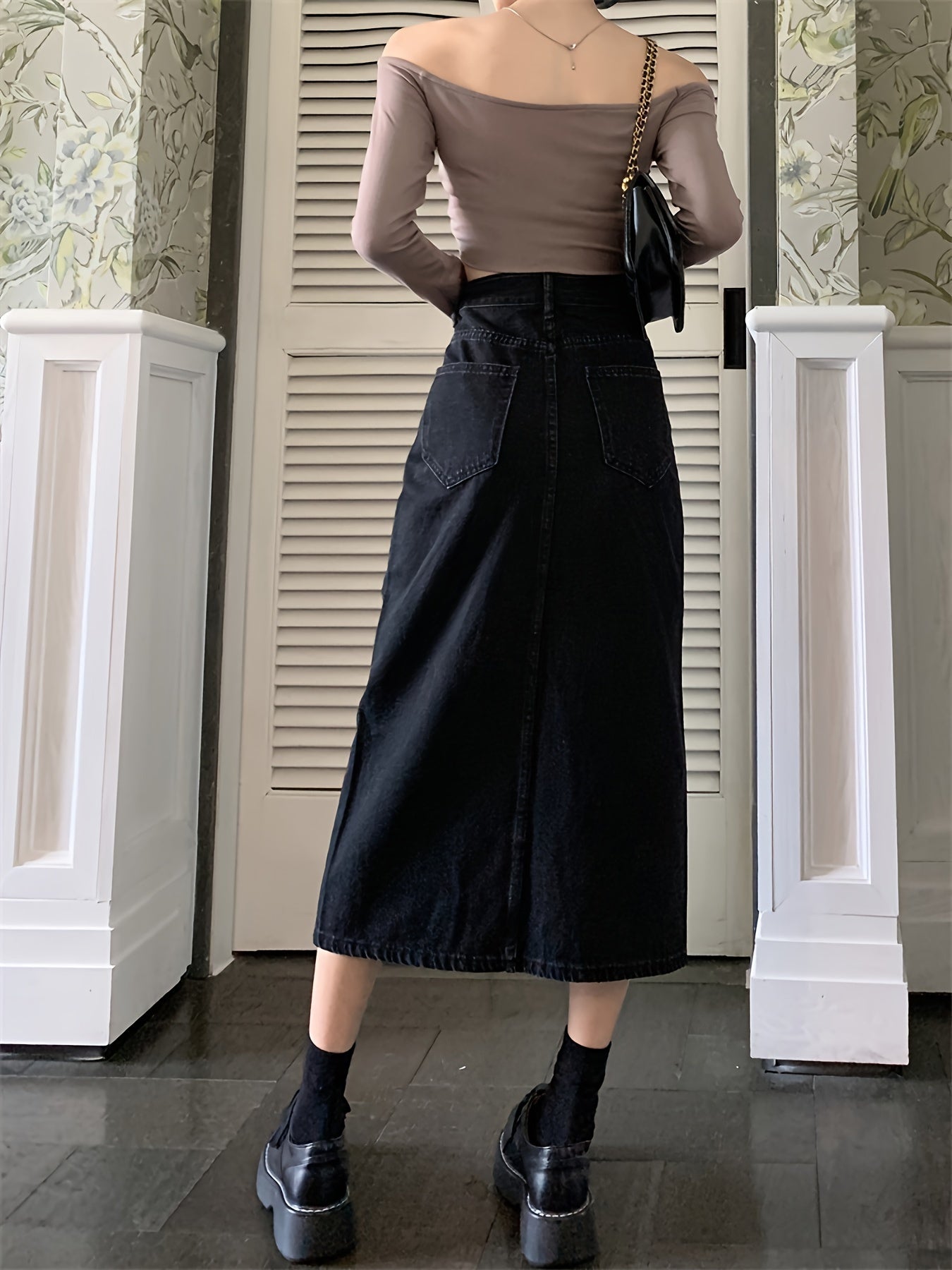 Black Denim Midi Skirt with Front Slit, High Waist, Machine Washable, Summer Style