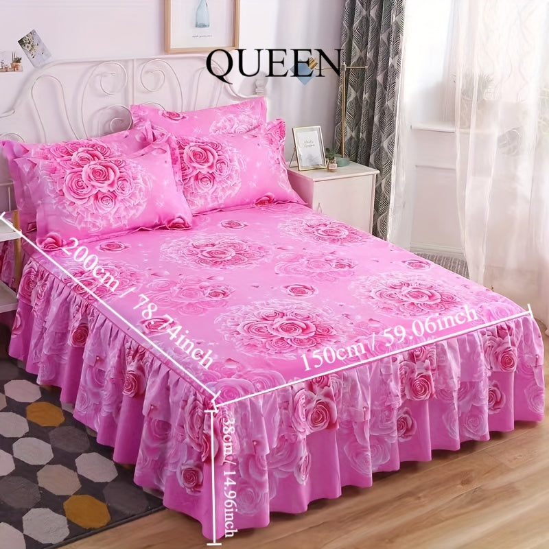 Flower Printed Bedding Set with Bed Skirt and Pillowcases All Seasons Universal