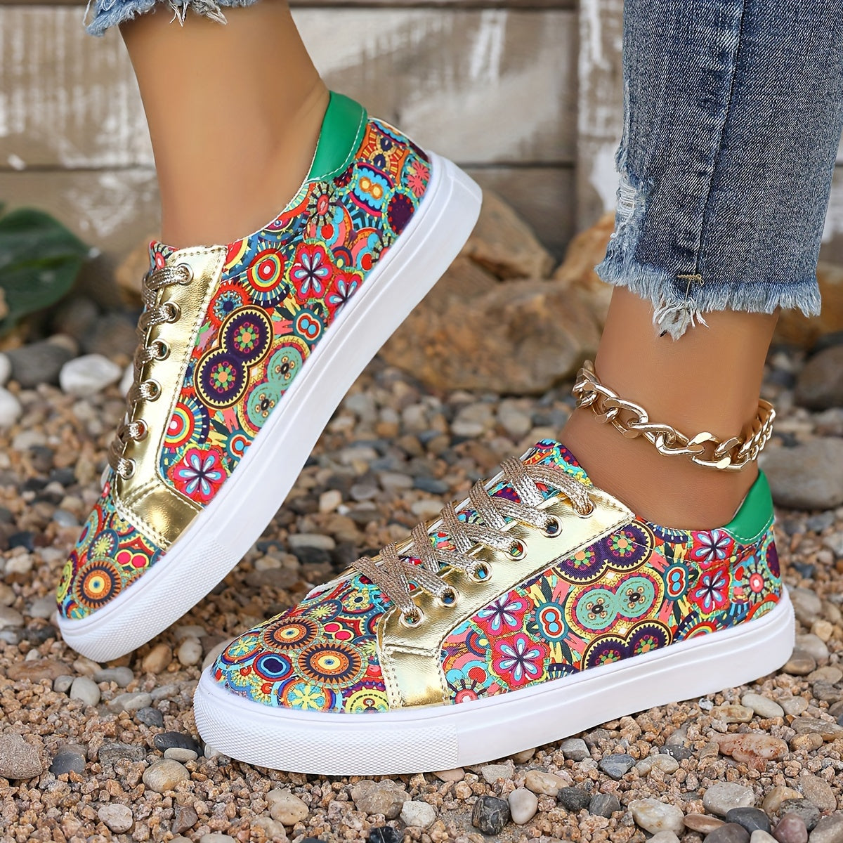 Plus Size Women's Fashion Sneakers Breathable Floral Print Low Tops