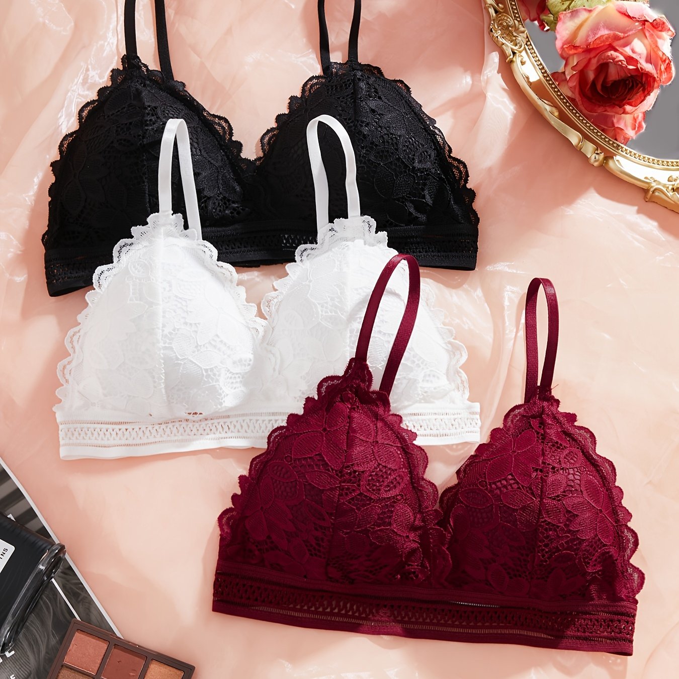 Women's Lace Bra Set 3-Piece with Triangle Cups Comfortable Lingerie