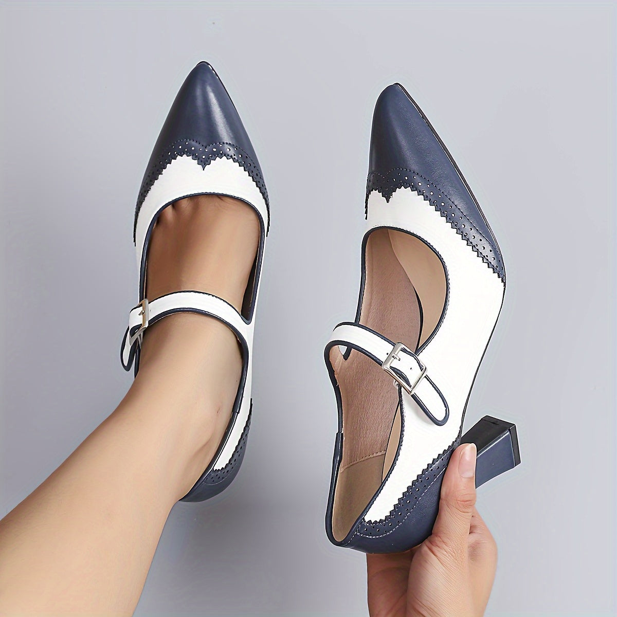 Women's Leather Pointed Toe Pumps Vintage Chunky Heel Formal Shoes