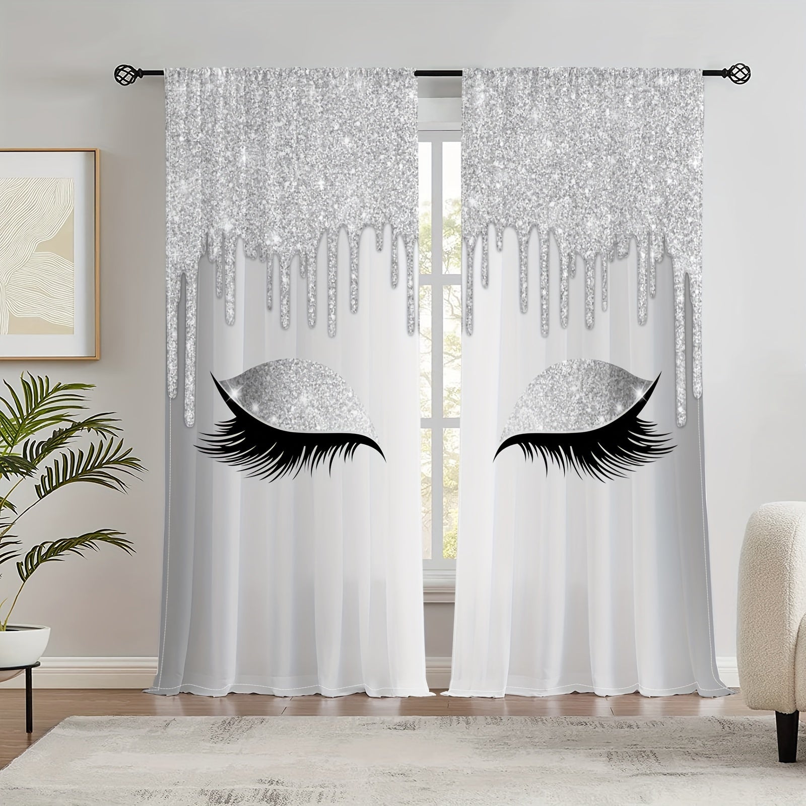 Set of Two Eyelash Printed Curtains, Rod Pocket Window Treatments for Bedroom and Living Room