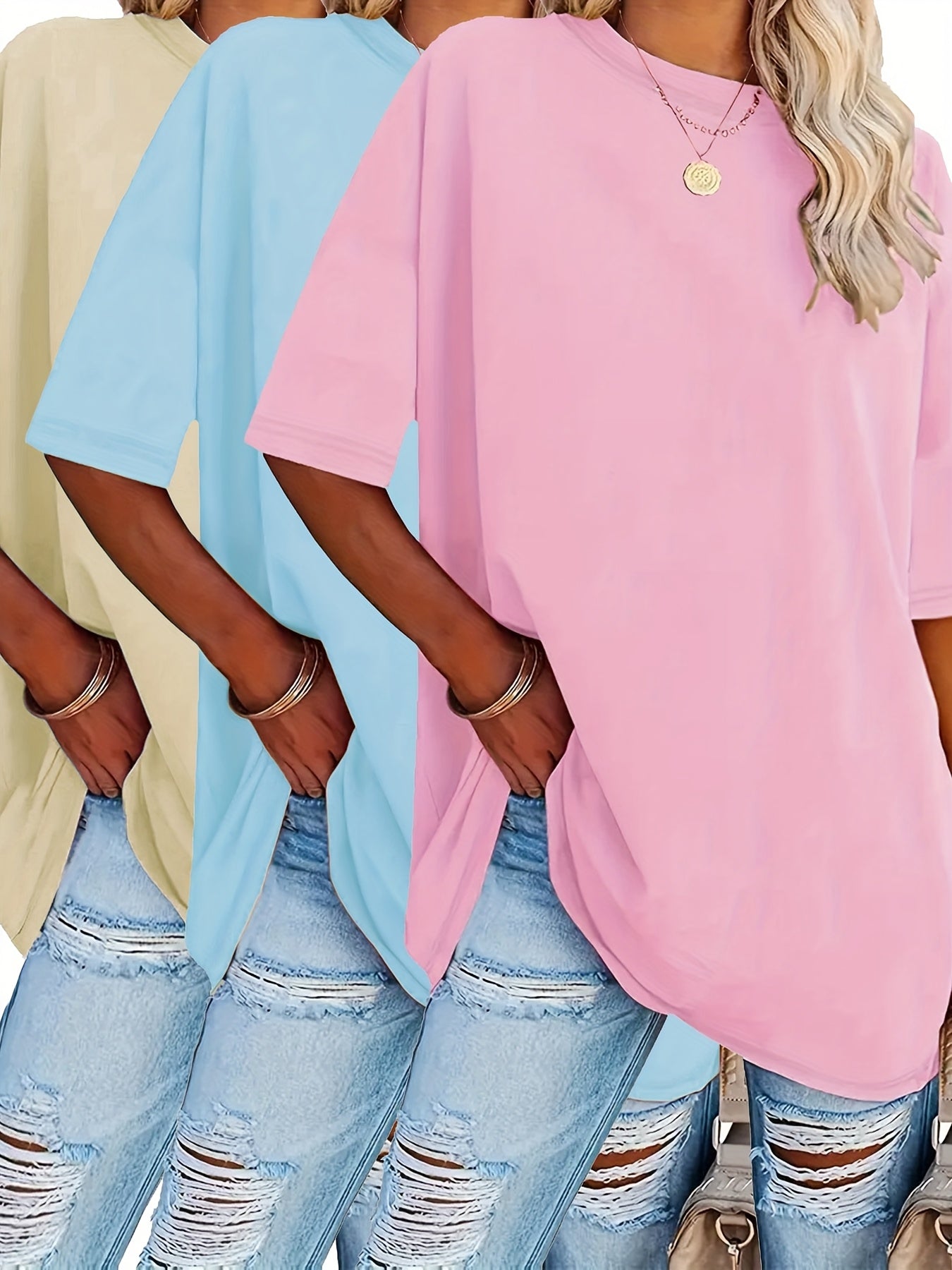 Women's Plus Size Oversized Cotton T-Shirts Short Sleeve Casual Summer Tops in 3 Colors