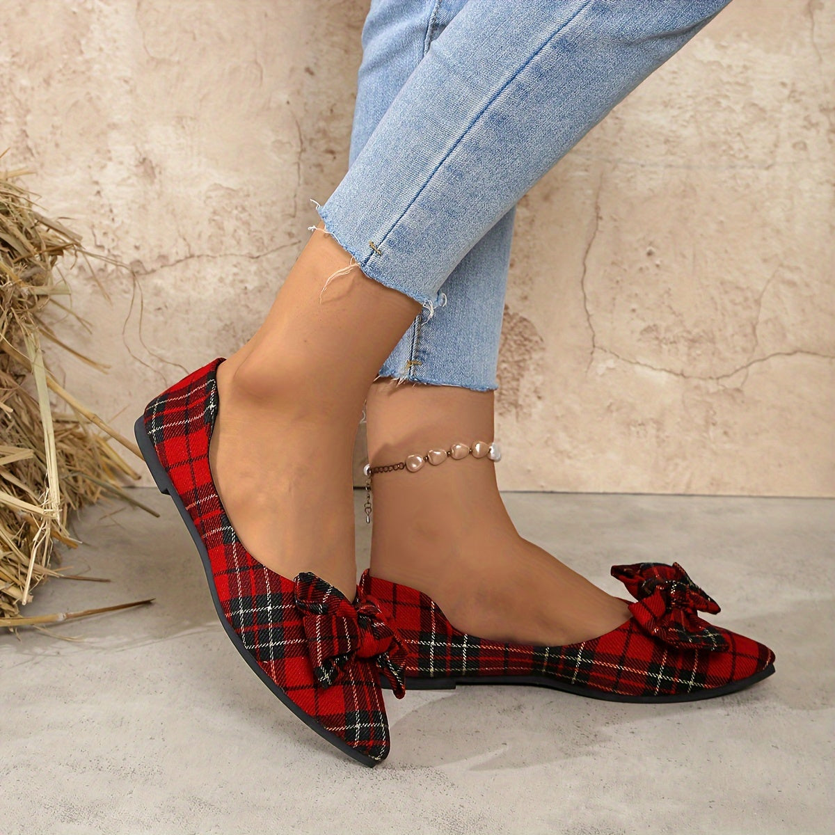 Zapatos planos de cuadros con lazo para mujer, color rojo y negro, punta afilada, slip-ons