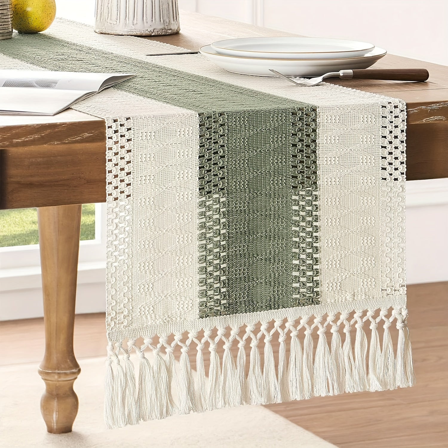 Sage Green Striped Table Runner for Home Decor and Holidays