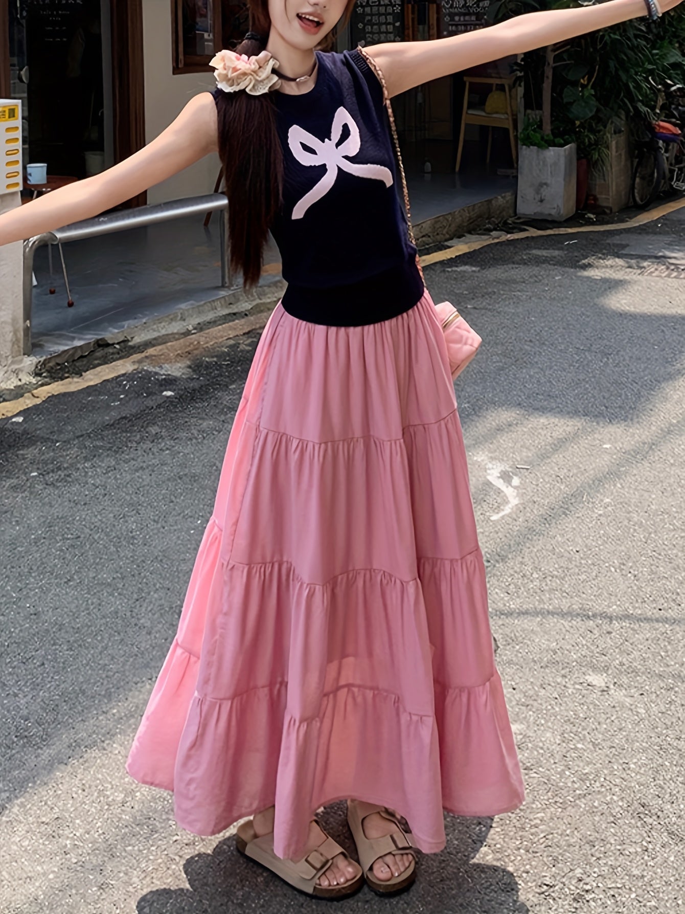 White French Long Skirt for Women Elastic Waist A-Line Casual Maxi Skirt