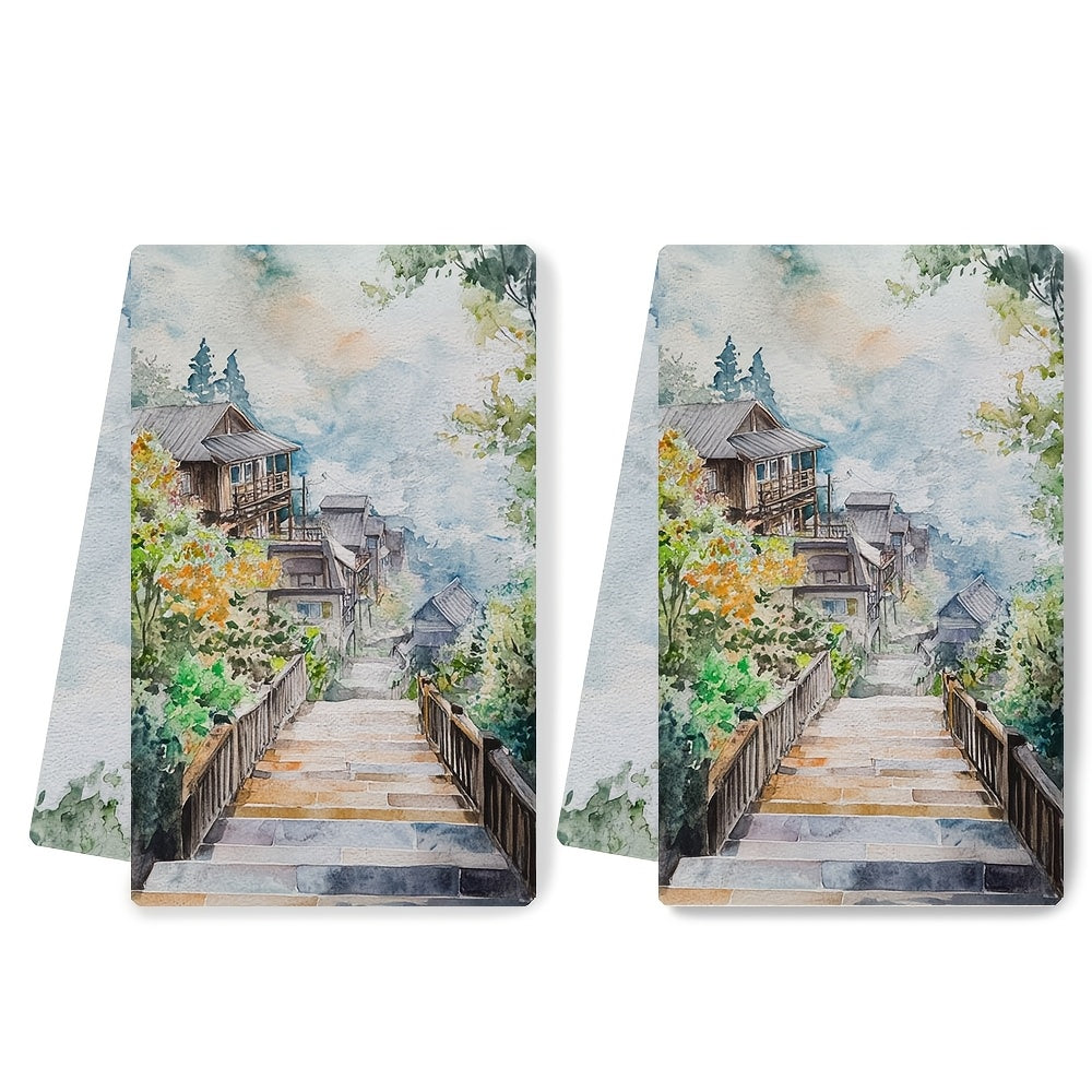 Set of 2 Ultra Soft Kitchen Towels, Scenic Design, Absorbent, 40x60 cm