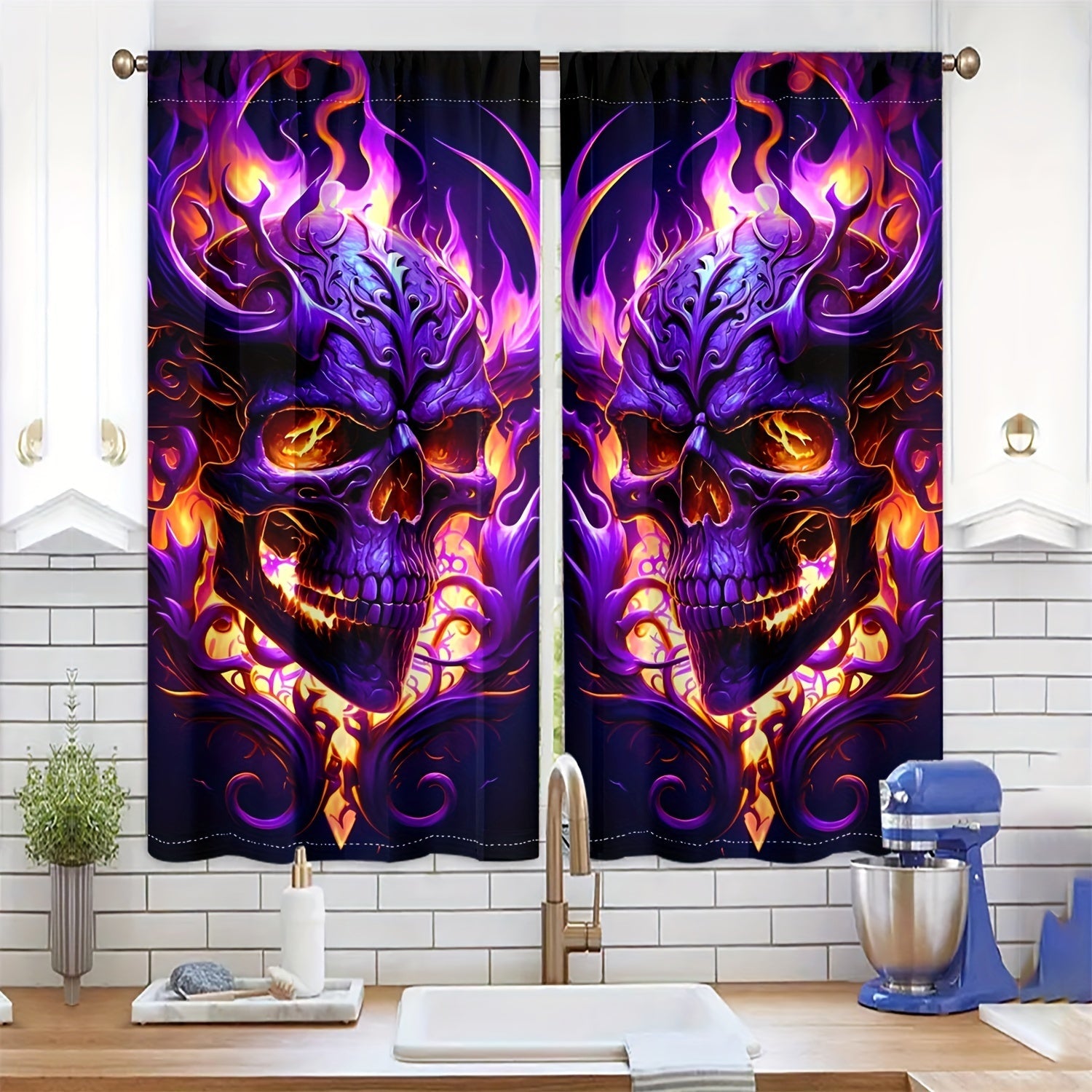 Semi-Transparent Halloween Skull and Butterfly Chrysanthemum Curtains Set of 2 Privacy Drapes for Living Room Bedroom