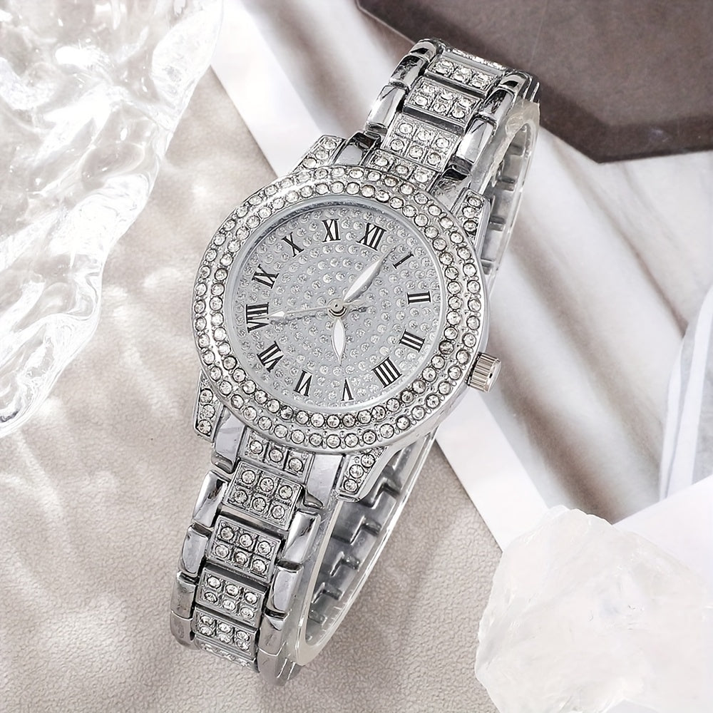 Set of 6 Women's Luxury Rhinestone Quartz Watches with Roman Dial and Heart Jewelry