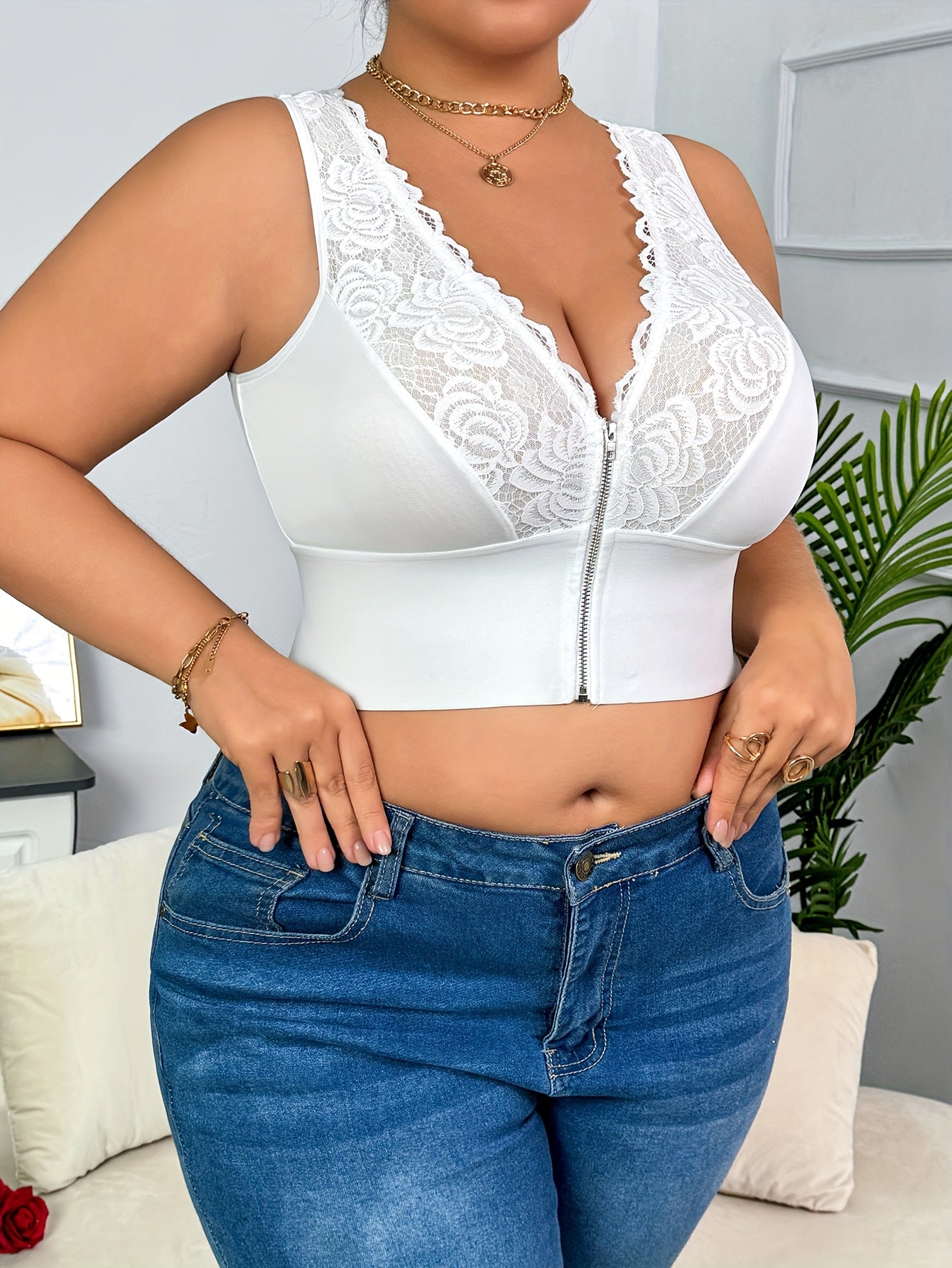 Plus Size Women's Lace Trim Off-Shoulder Zipper Front Top in Solid Color
