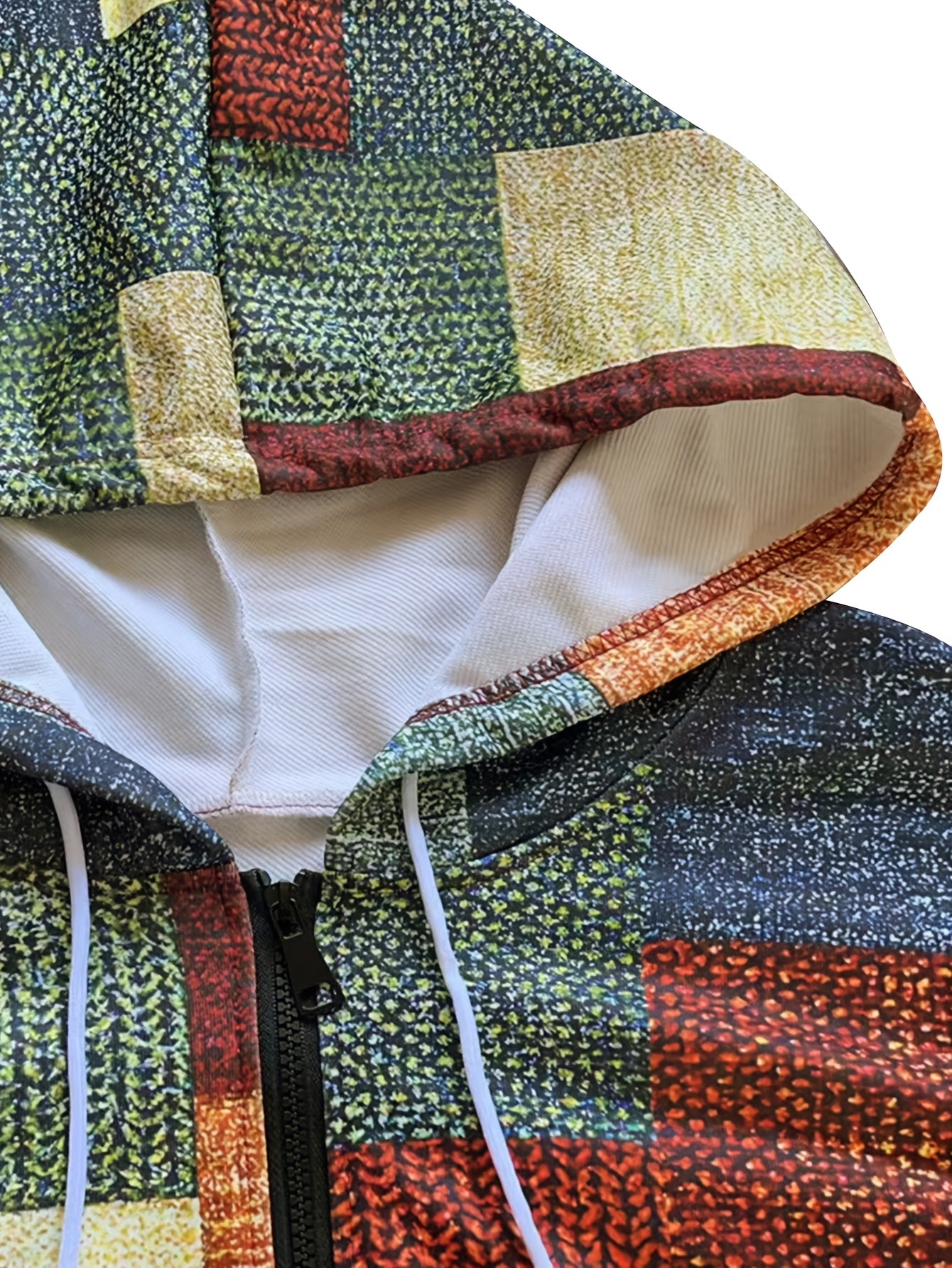 Men's Plus Size Hooded Zip-Up Jacket with Knit Polyester and Random Print