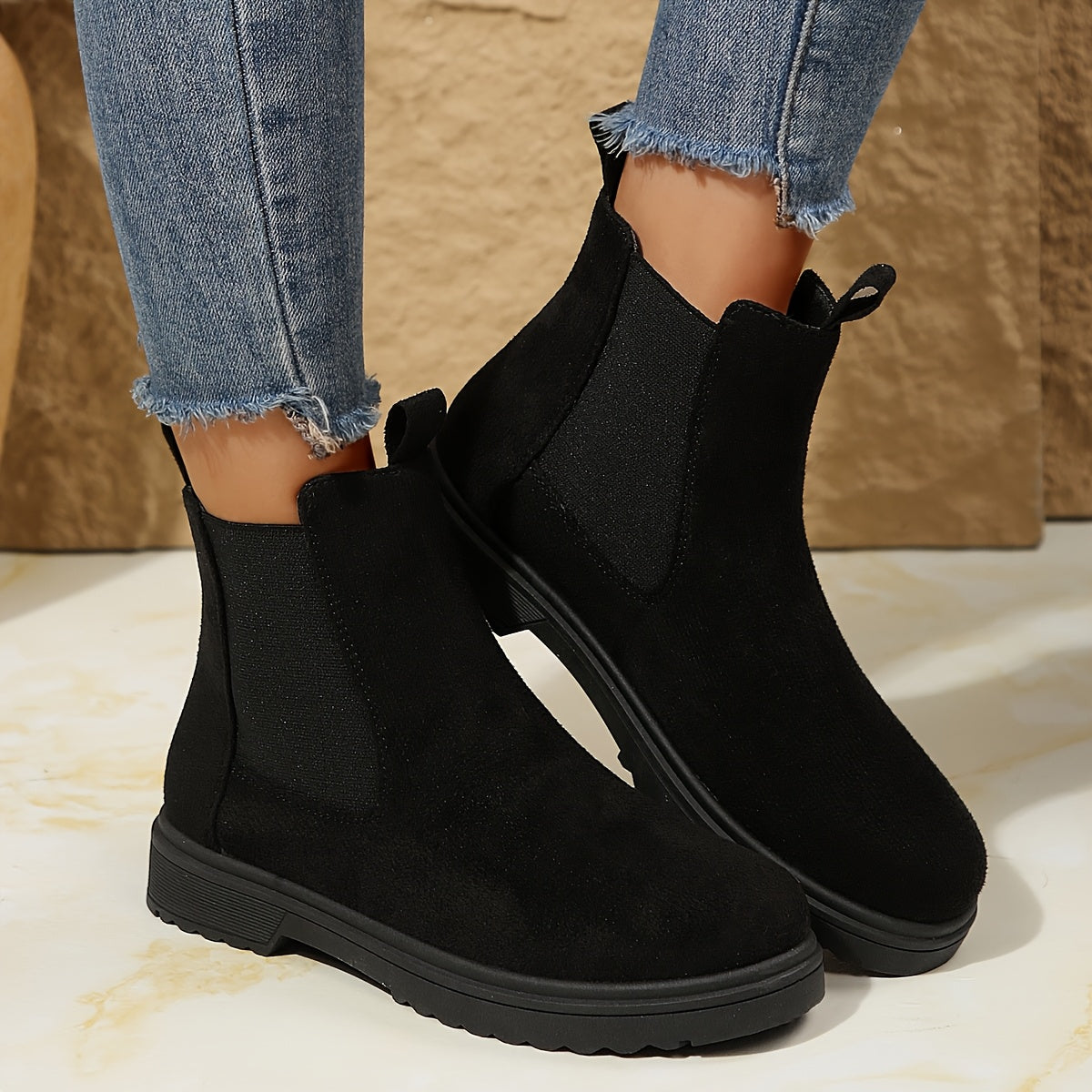 Women's Black Fleece-Lined Slip-On Ankle Boots with Cushioned Sole
