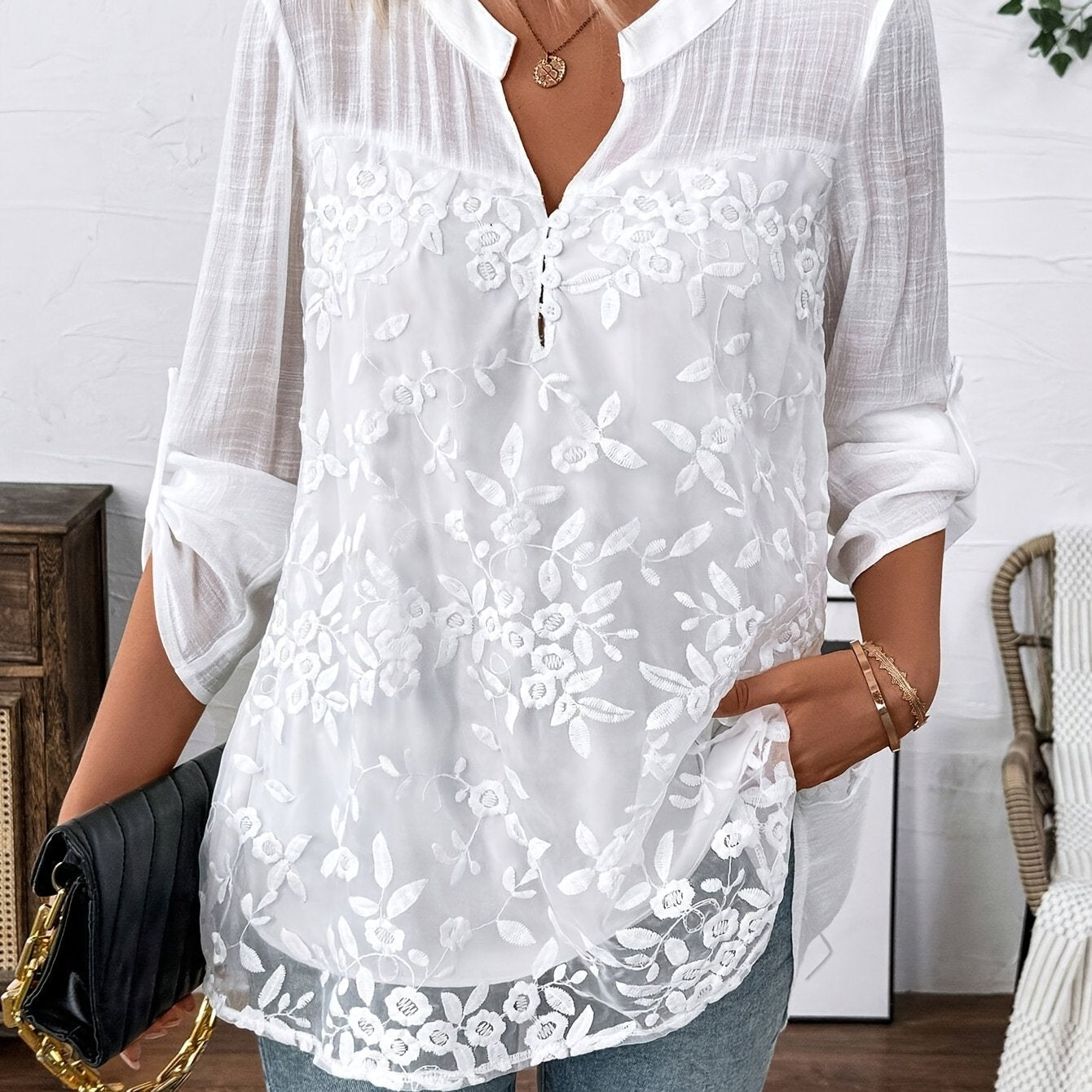 Women's Floral Embroidered Polyester Blouse Crew Neck Long Sleeve Spring Fall Shirting