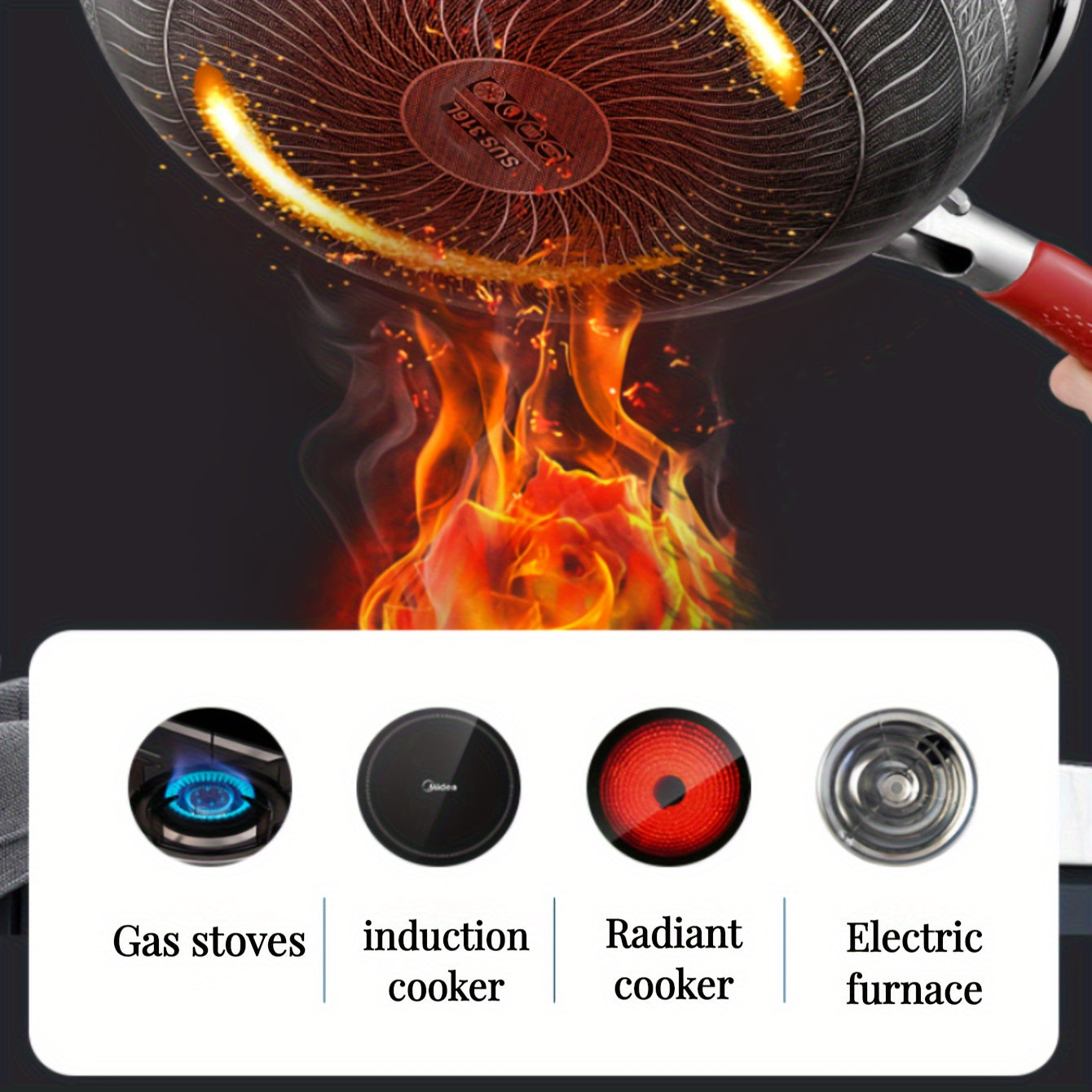 Stainless Steel Frying Pan with Lid Handle Non-Stick for Induction Gas Camping 32cm 34cm 36cm