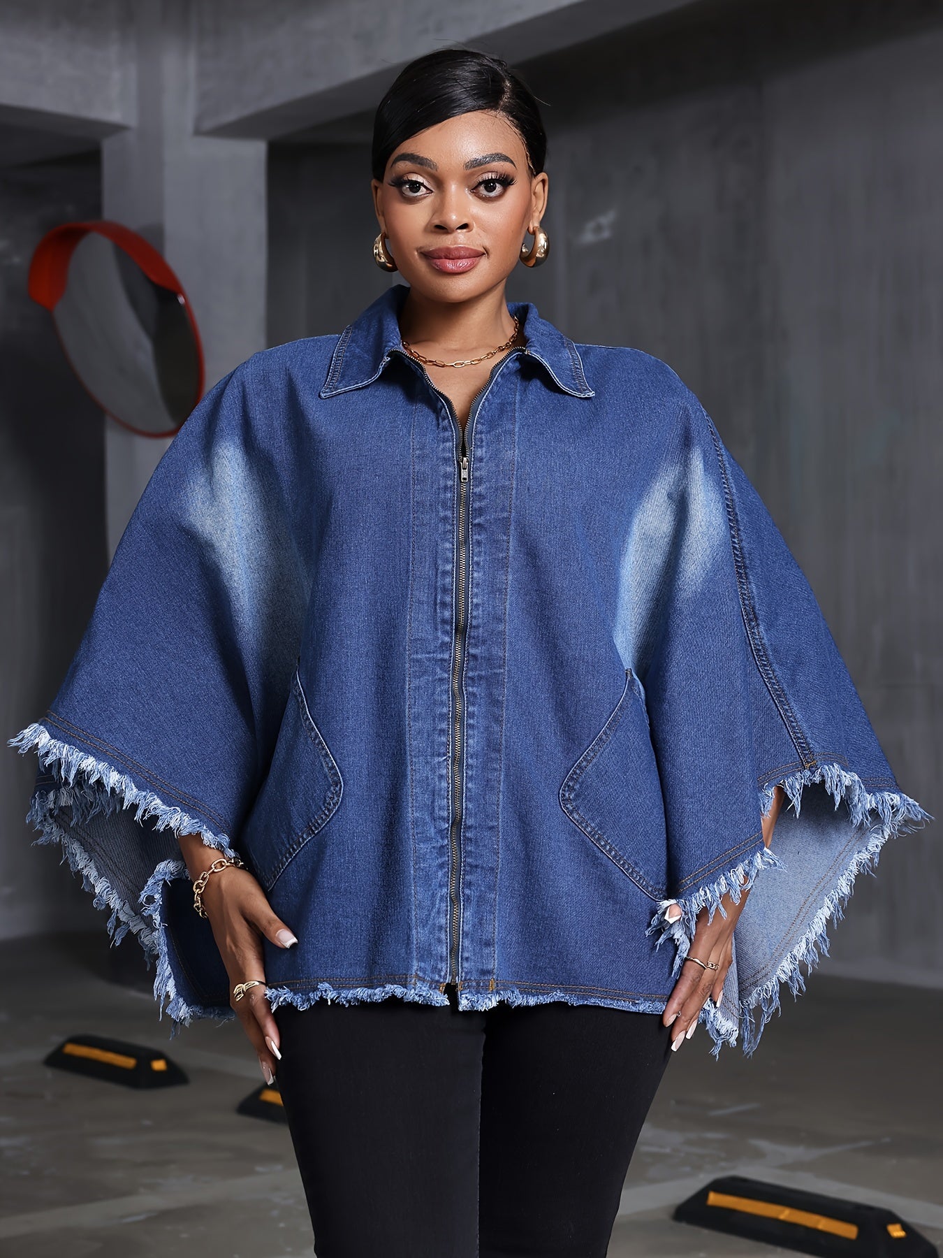 Women Plus Size Denim Coat Loose Fit Batwing Sleeve Washed Blue Denim Outerwear