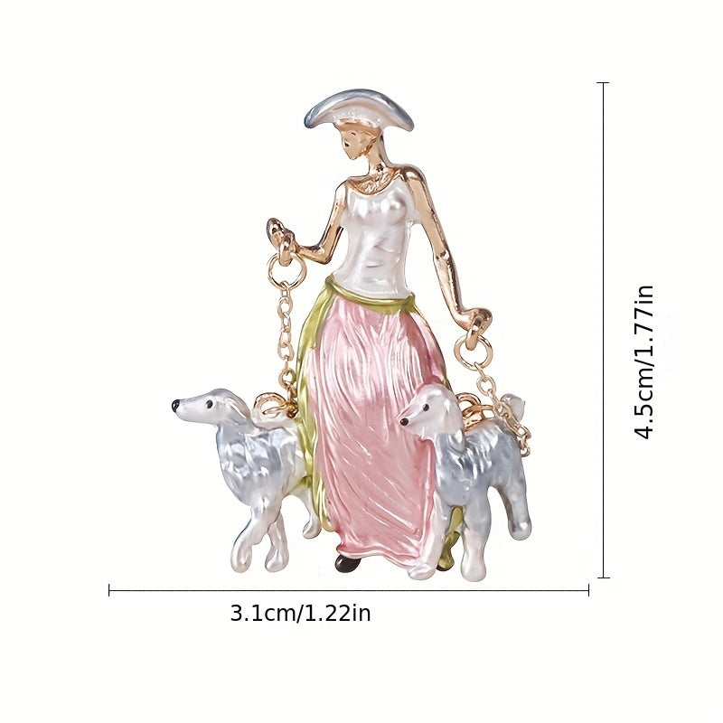 Enamel Brooch Girl Walking Dog Cartoon Animal Cute Jewelry Accessories