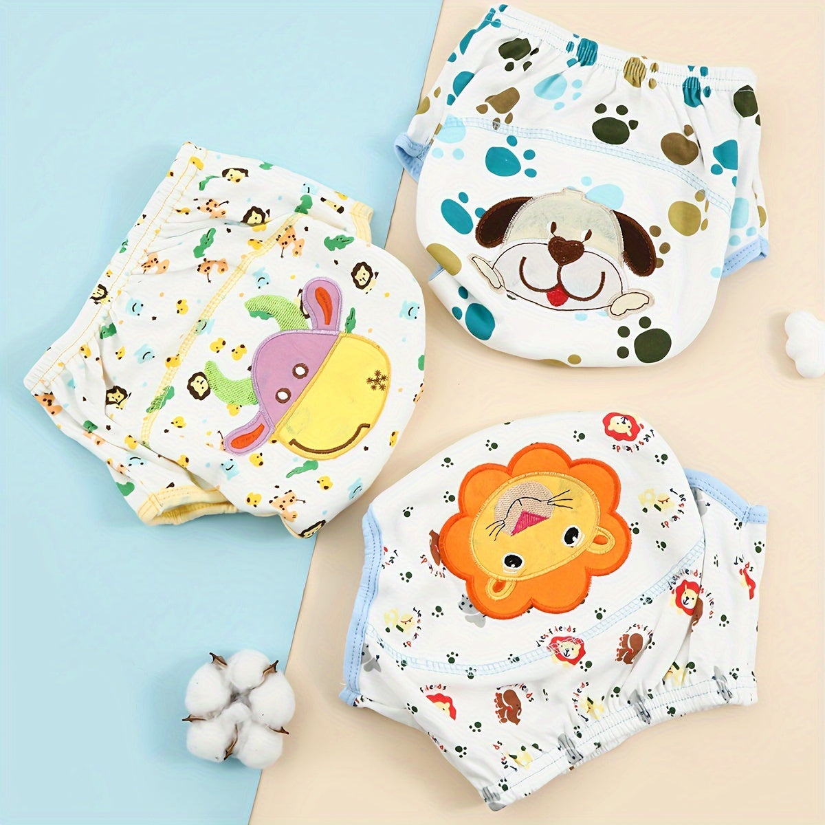 Juego de 3 pantalones de entrenamiento lavables con dibujos animados y patrones de animales para niños pequeños