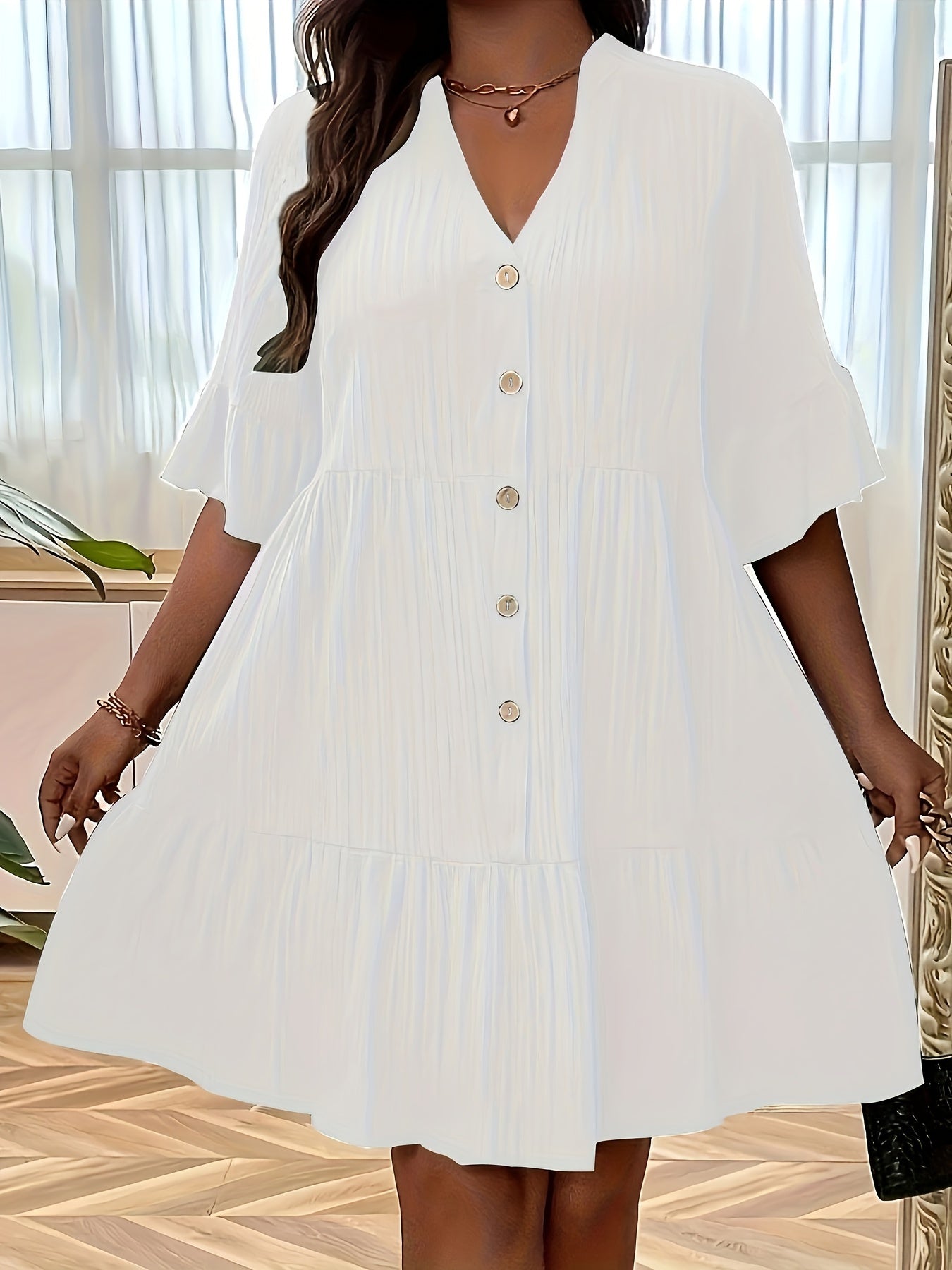 Plus Size Ruched Button Front Dress with Ruffle Cuff Sleeves for Summer Events