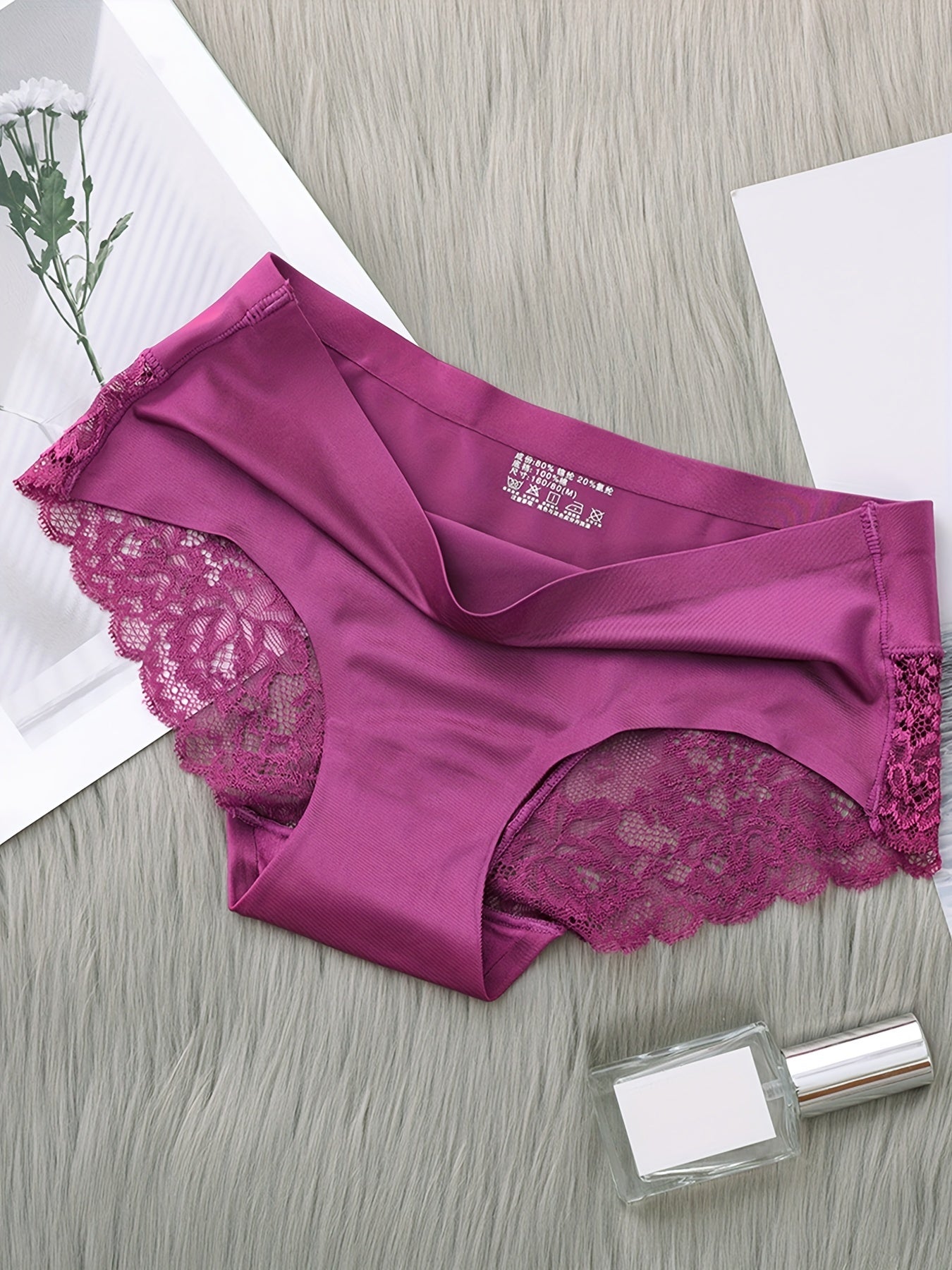 Set of 4 Women's Nylon Knit Mid Rise Panties with Solid Color and Lace Details