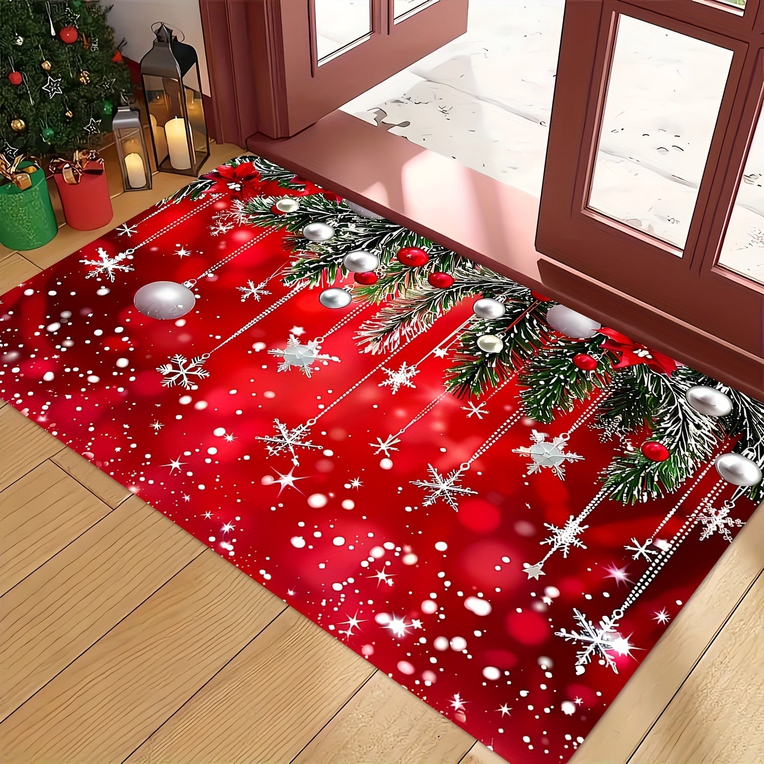 Red Christmas Doormat Non-Slip Washable Indoor Outdoor Decor