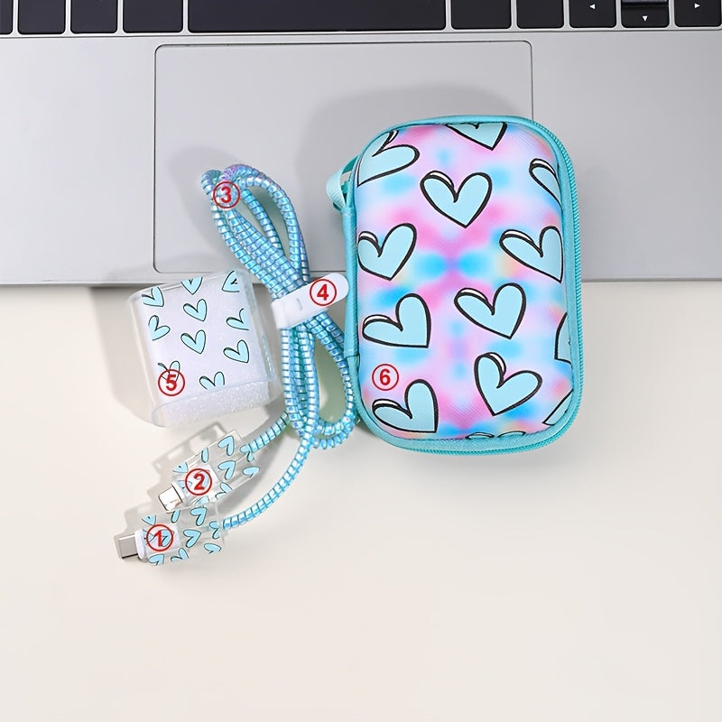 Set of 6 Heart Pattern EVA Cable Management Accessories for iPhone 20W Fast Charging
