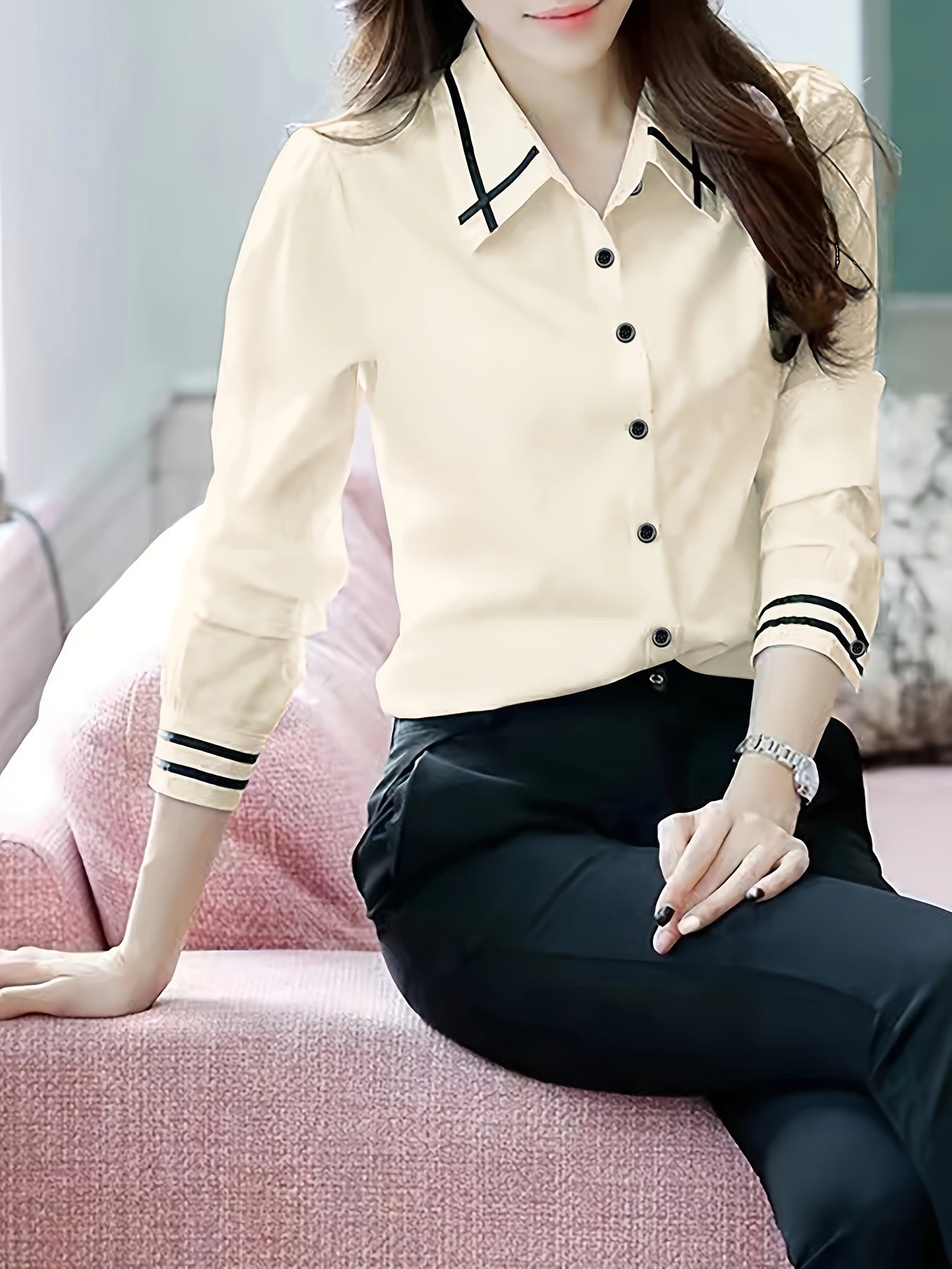 Adult Long Sleeve Color Block Polyester Shirting with Lapel Collar