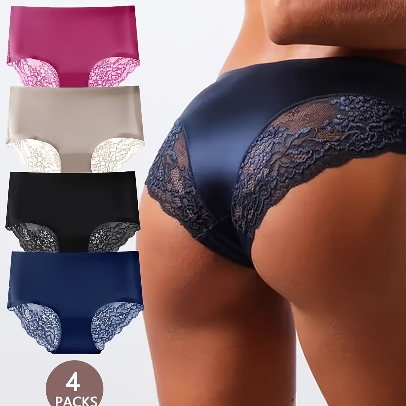Women's Seamless Breathable Mid-Rise Lace Trim Briefs Set of 4 Solid Colors