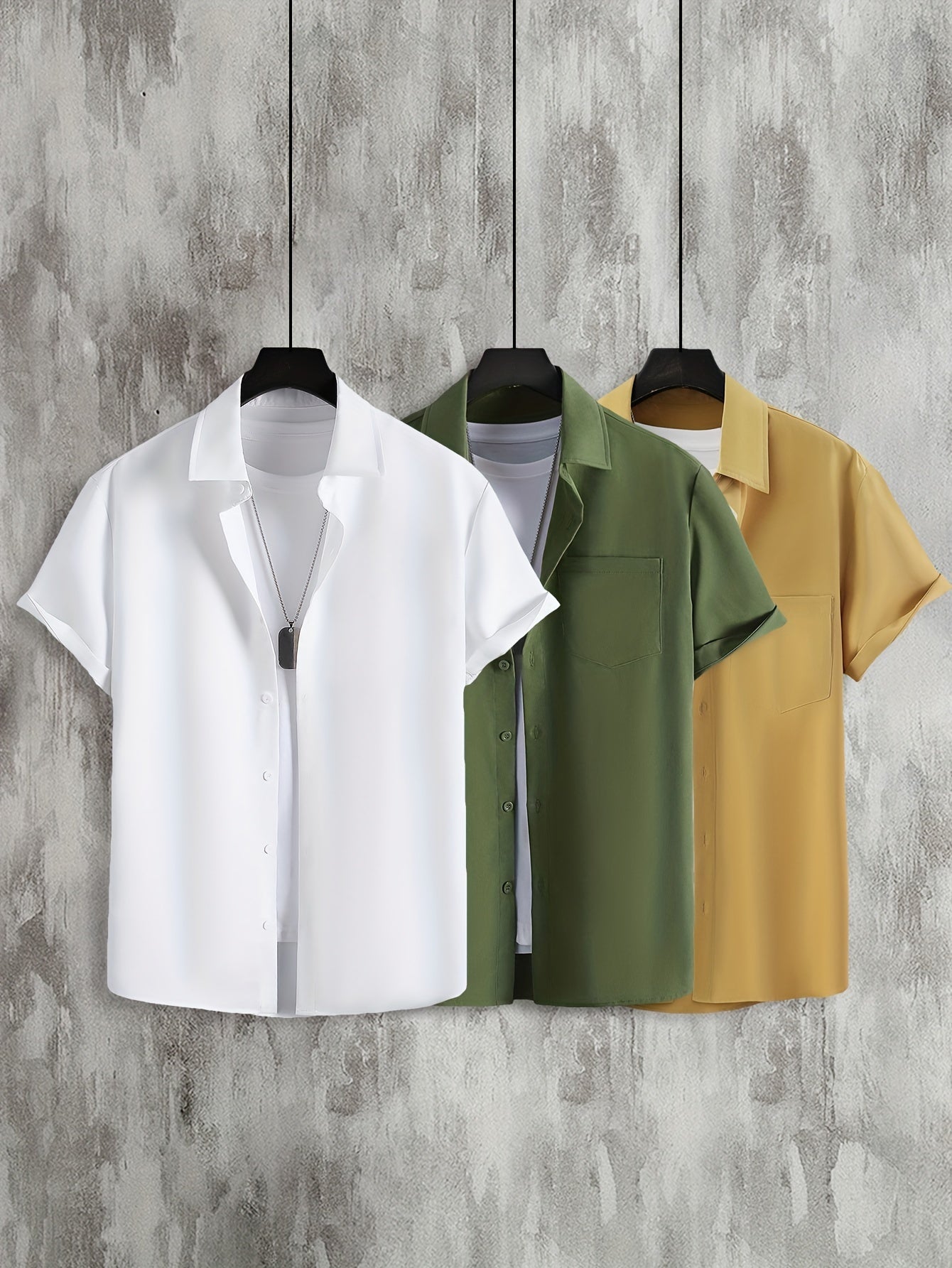 Plus Size Men's Casual Shirts Set 3 Polyester Solid Color Summer Woven Regular Fit