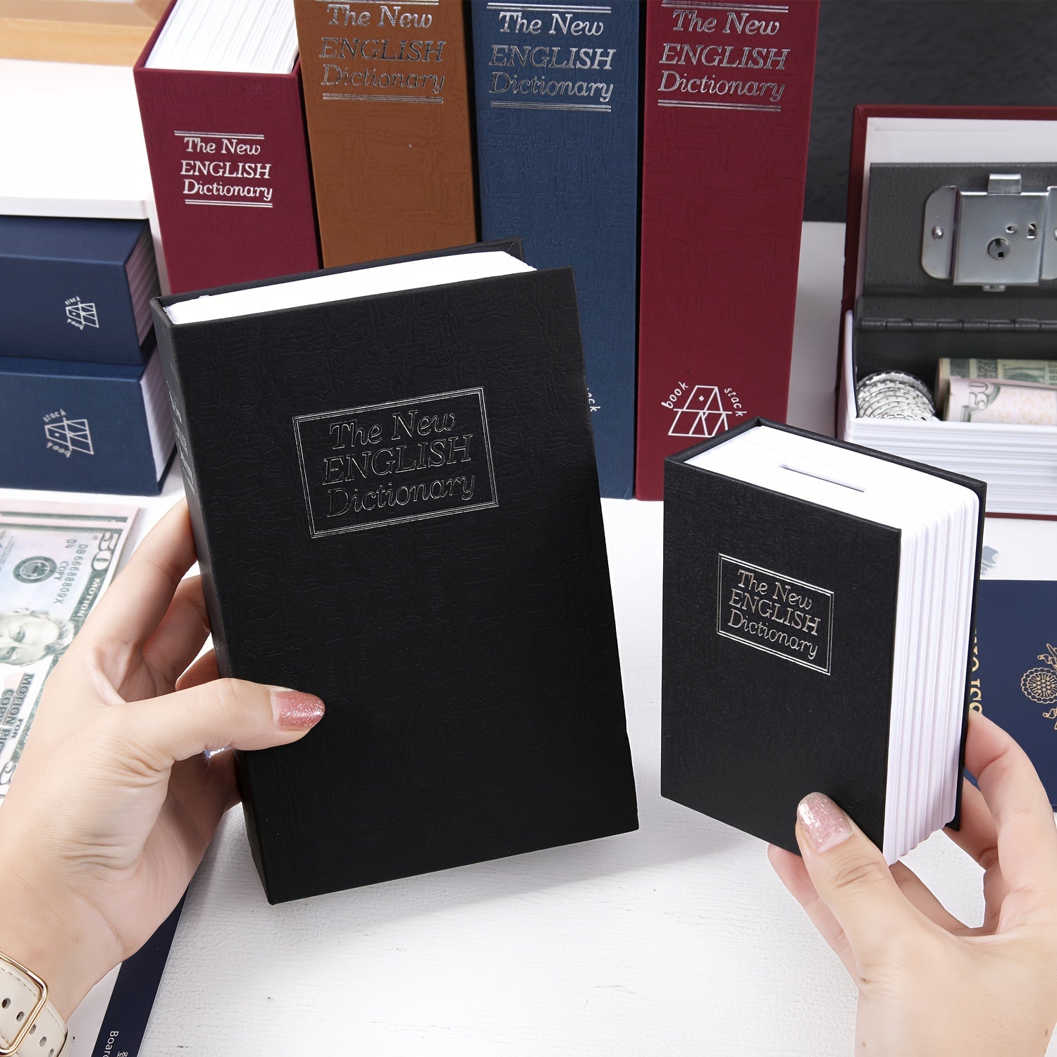 Metal Book Shape Money Box with Password Lock for Valuables Safe Storage