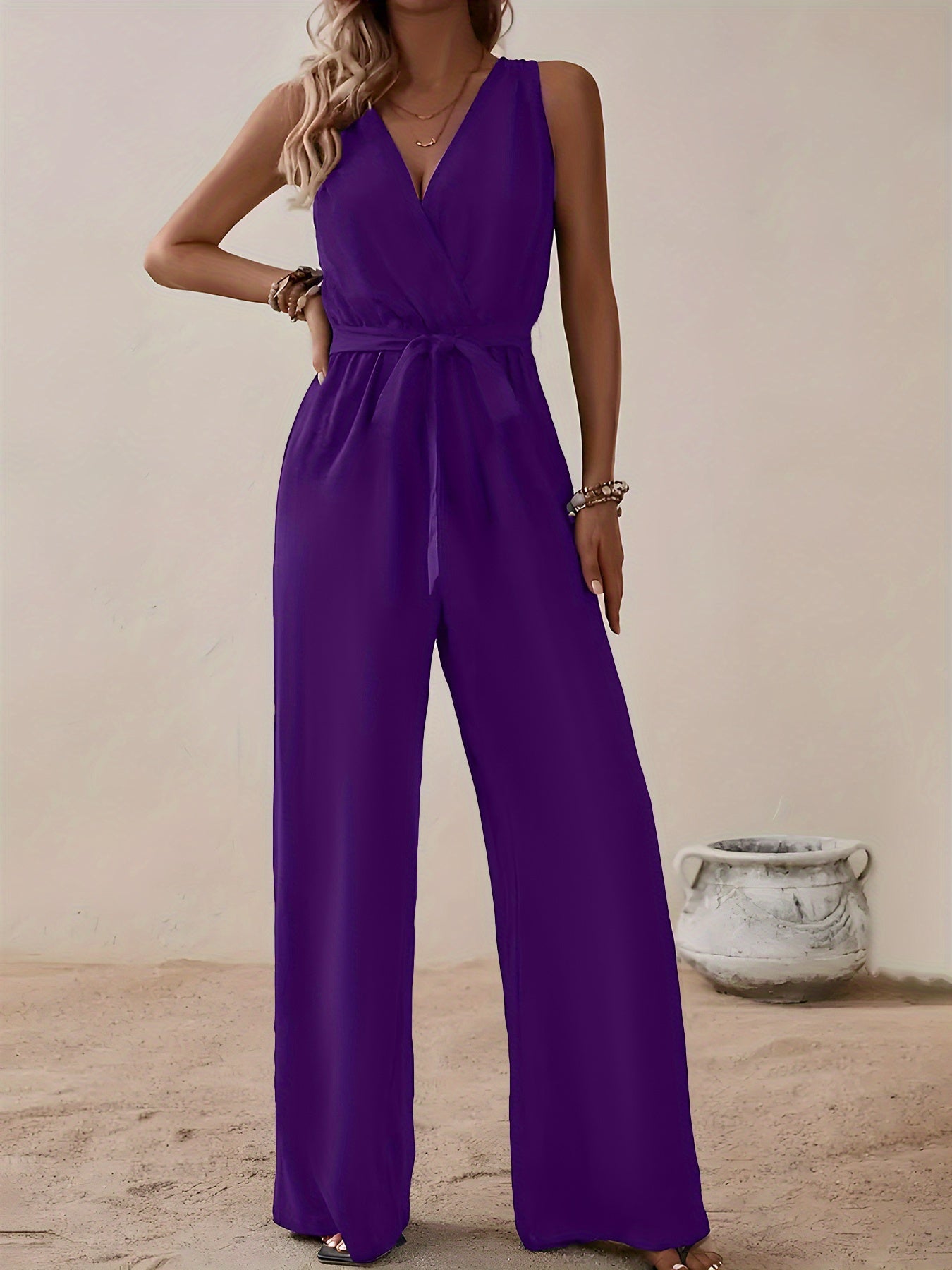 Women Plus Size Red V-Neck Jumpsuit with Tie Waist Sleeveless Wide-Leg