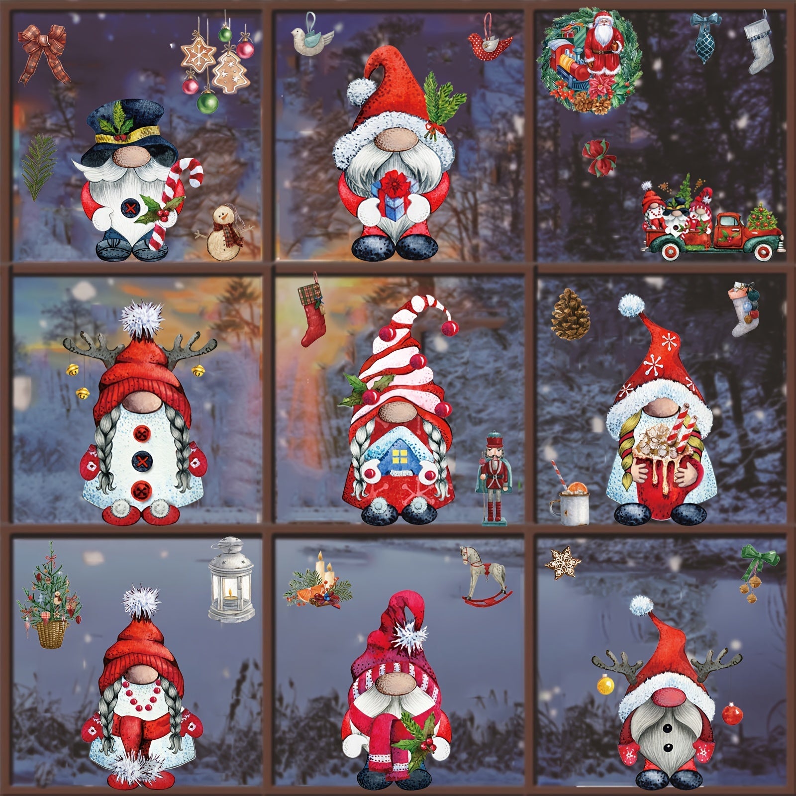 Set of 9 Christmas Gnome Window Clings Holiday Decor Festive Glass Decals