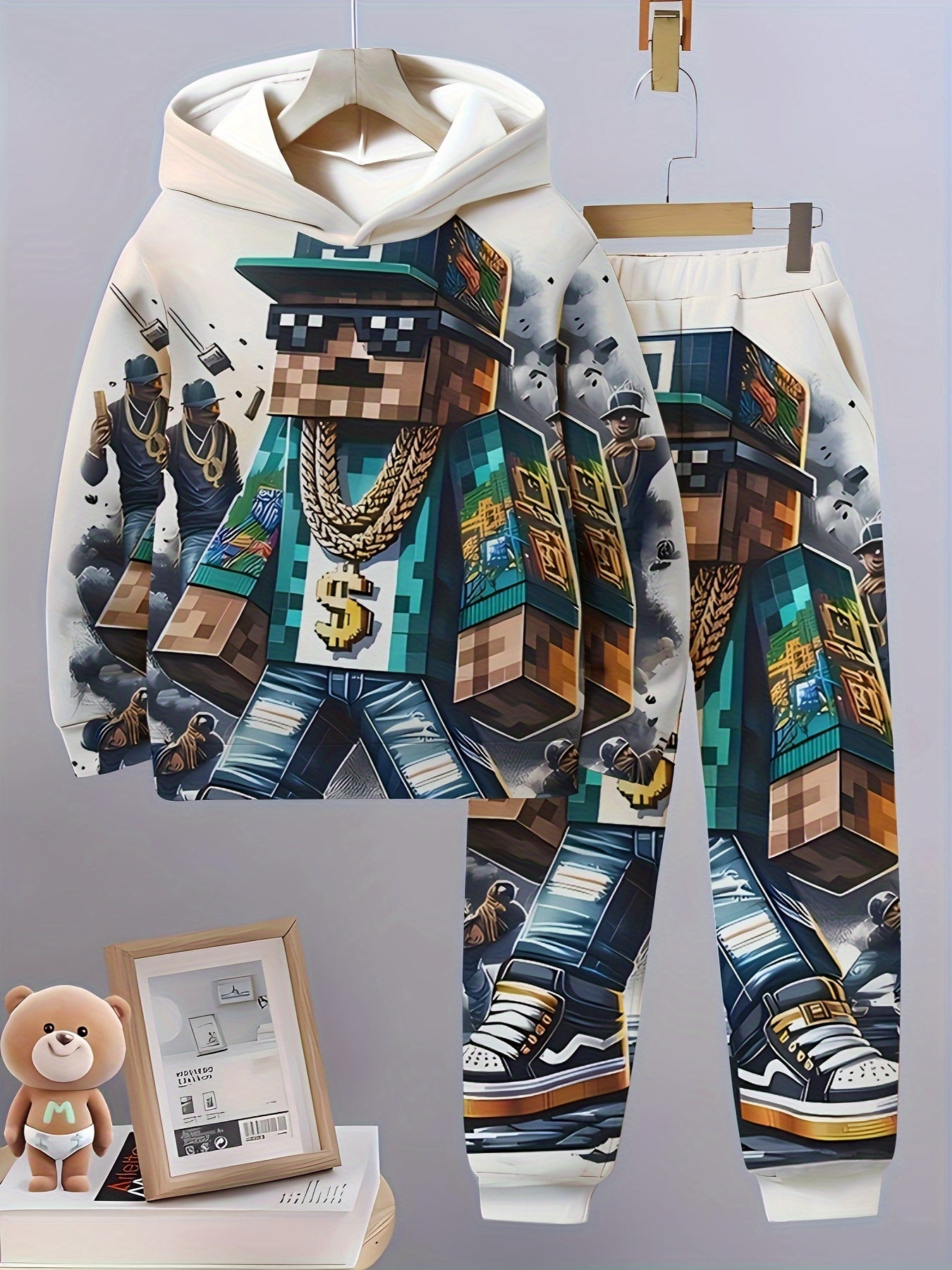 Boys' 2-Piece Hoodie and Pants Set with 3D Character Print for Spring and Fall