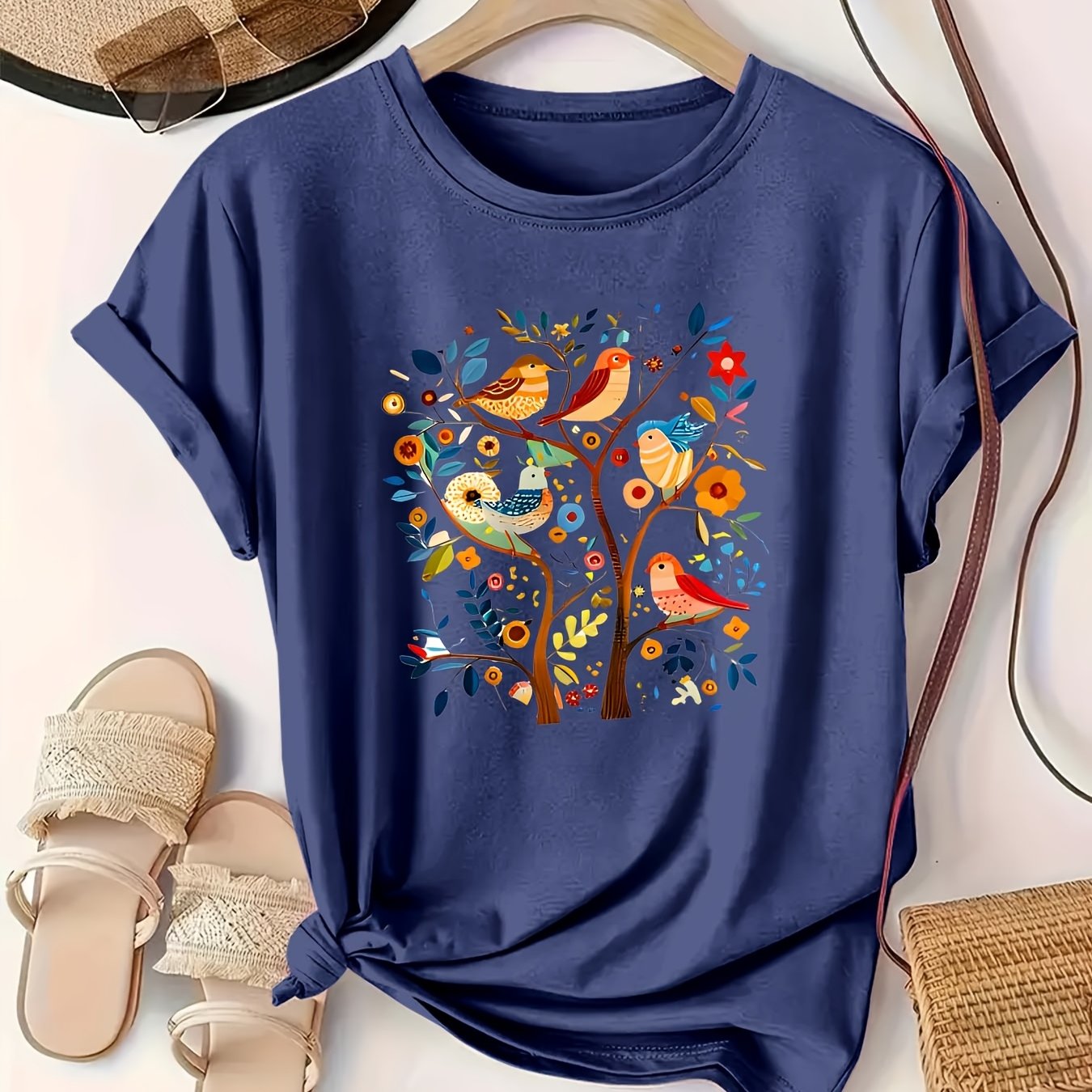 Camiseta de algodón casual para mujer de tallas grandes con estampado de aves coloridas
