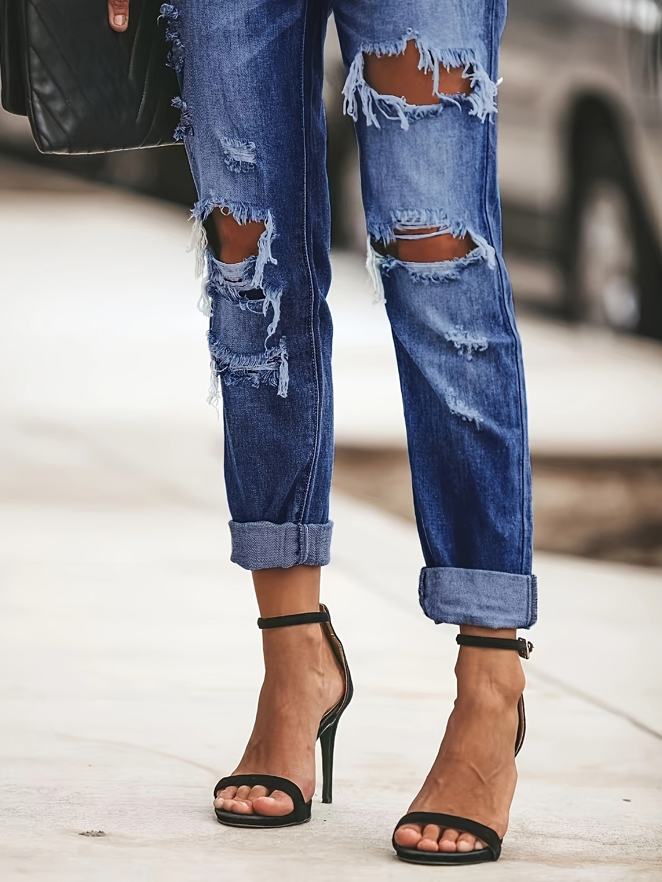 Jeans rectos rasgados de talla grande para mujer con elastano