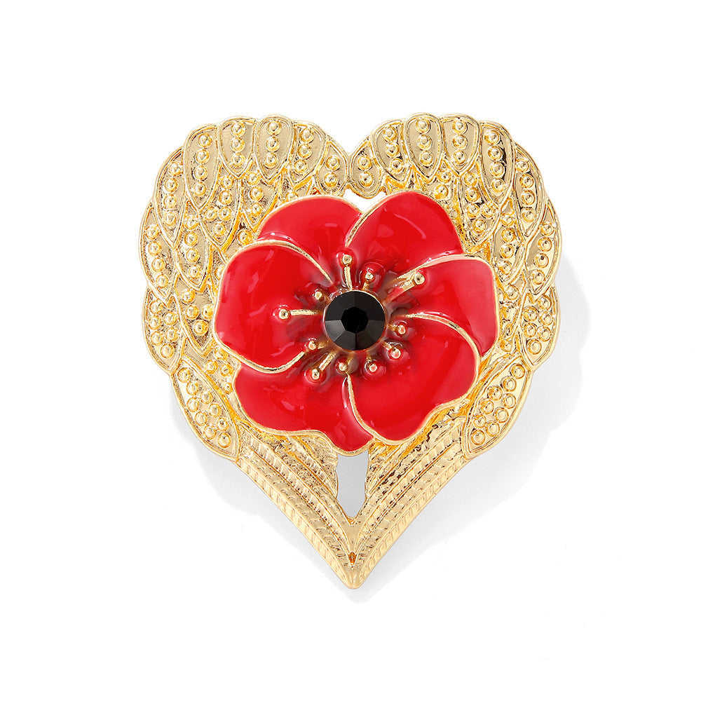 Enamel Heart-Shaped Poppies Brooch with Unique Accents for Women