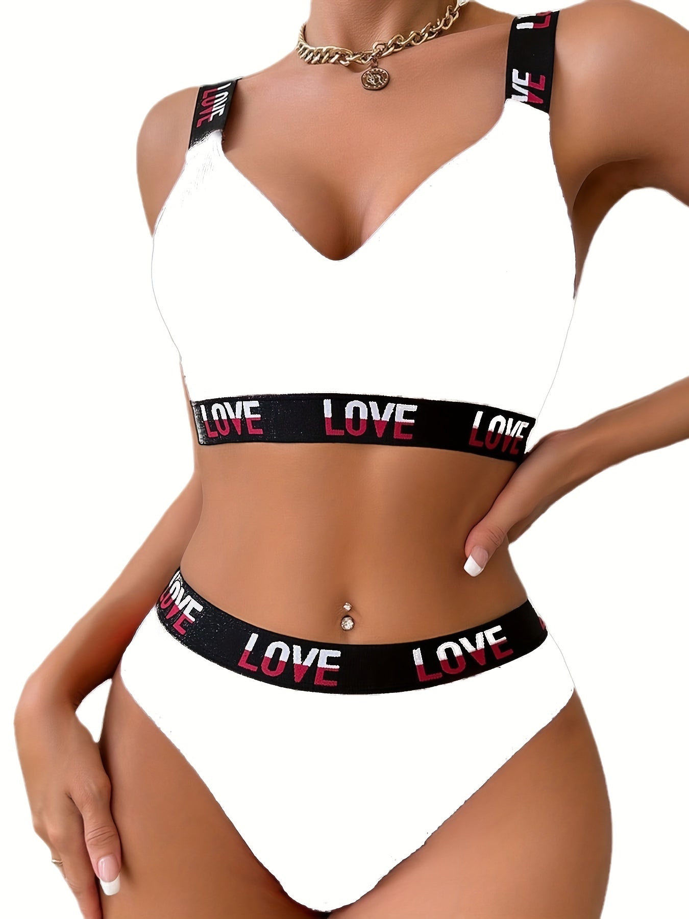 Lingerie Ribbed Bra and Thong Set with Contrasting Letter Print