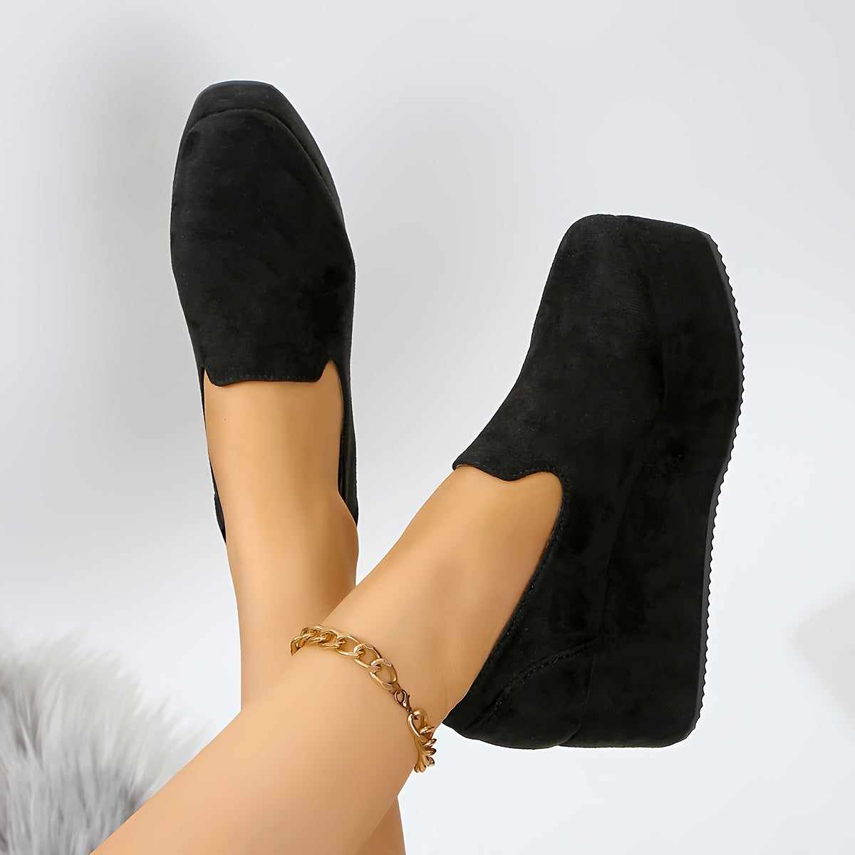 Women's Slip-On Platform Sneakers Soft Fabric Upper Black Casual Footwear