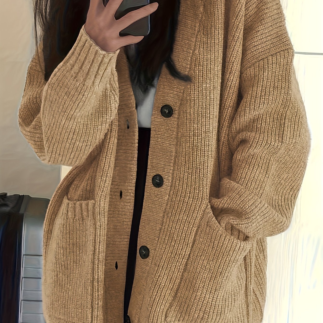 Klassik V-shaklidagi kardigan, tugmachali old qismi va cho'ntakli, kuz va qish ayollar kiyimlari uchun