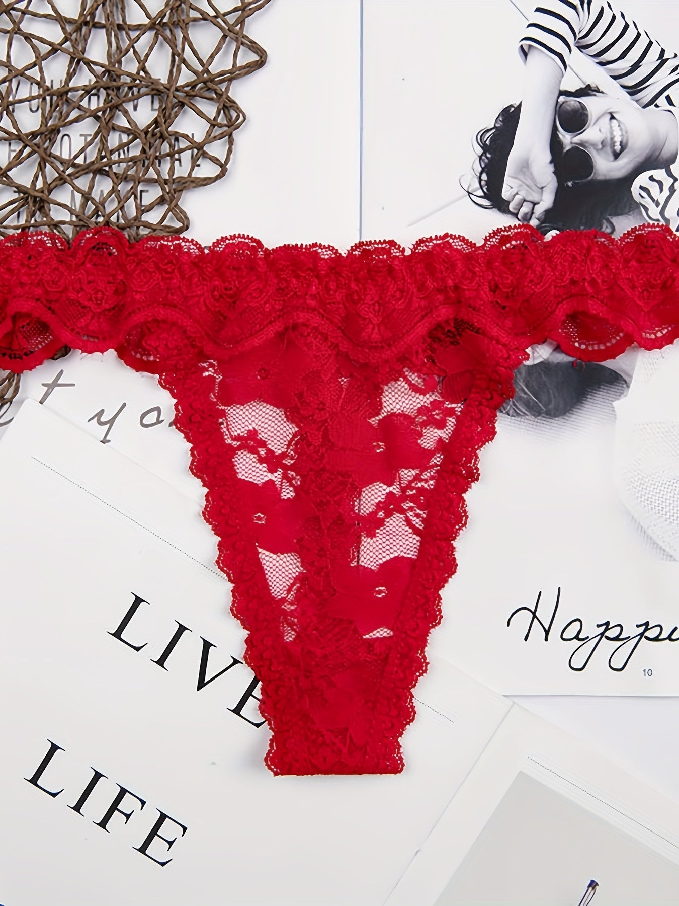 Women's Floral Lace Thongs 6-Pack Semi-Sheer Scallop Trim Comfortable Lingerie