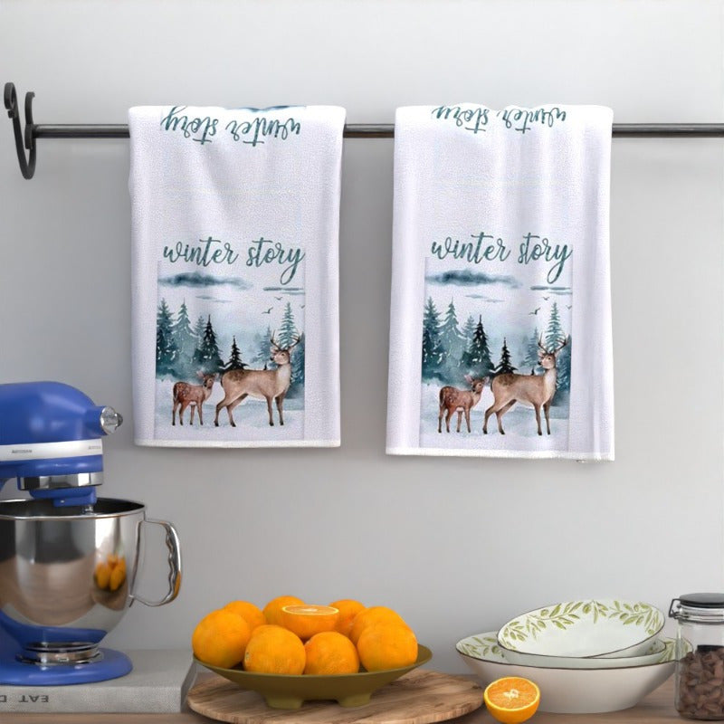Set of 2 Cozy Winter Deer Towels 45x66cm Soft Polyester Kitchen Bathroom Decor