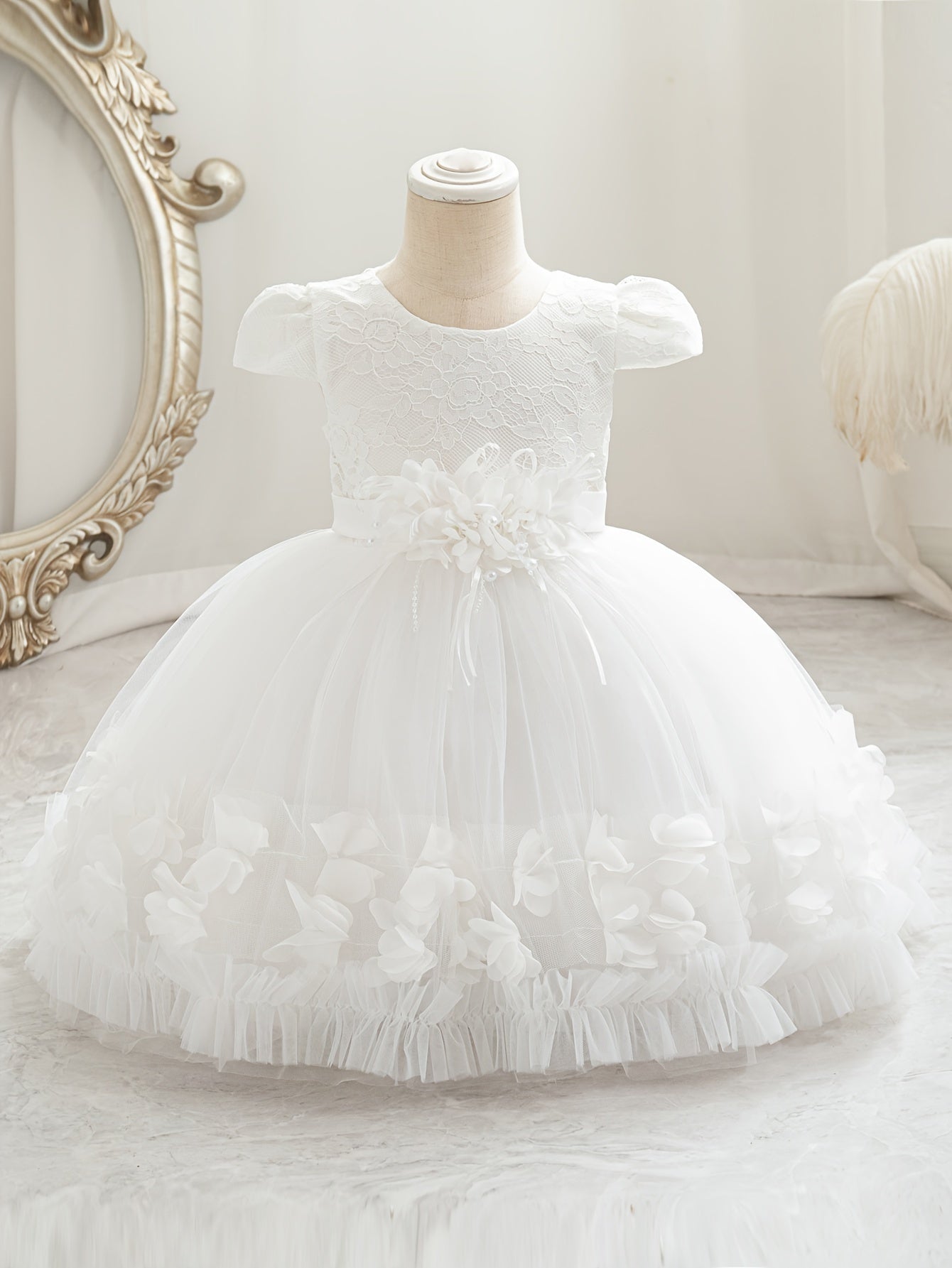 Girls Baby Floral Tulle Princess Dress with Lace Ruffle Cap Sleeves for Formal Occasions